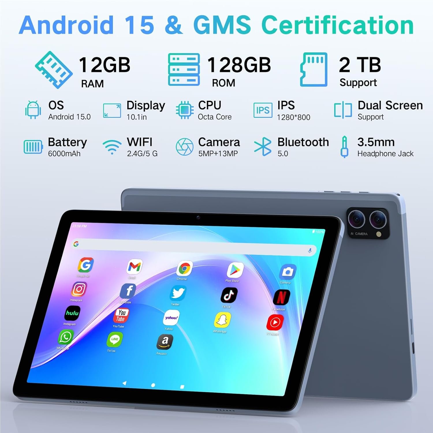 Android 15 Tablet 10.1 Inch - 12GB+128GB Large Screen WiFi Tablets with Octa-Core, HD Touch Screen Tablets with Camera, Long Battery Life, 2025 Tablet PC for Reading, Streaming, Split Screen - Image 3