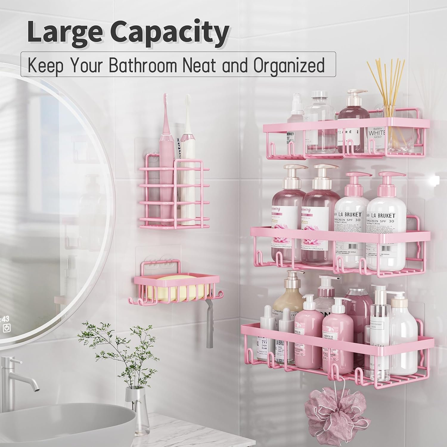 5 Pack Shower Caddy Organizer Rack Shelf for Inside Shower, Adhesive Bathroom Wall Storage Basket Rustproof Stainless Steel Shampoo Holder, Girly Bathroom Accessory Decor Set, Pink - Image 4