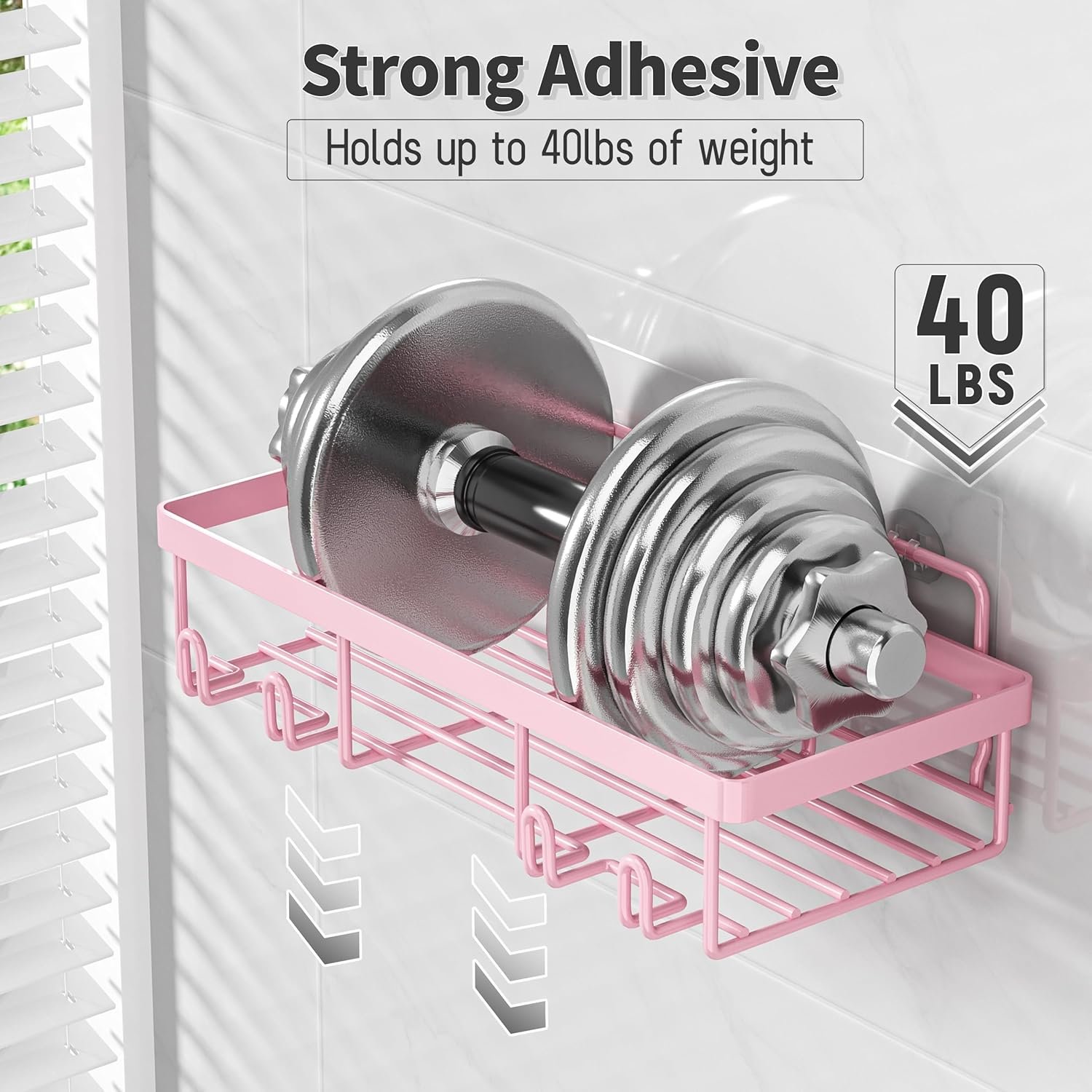 5 Pack Shower Caddy Organizer Rack Shelf for Inside Shower, Adhesive Bathroom Wall Storage Basket Rustproof Stainless Steel Shampoo Holder, Girly Bathroom Accessory Decor Set, Pink - Image 5