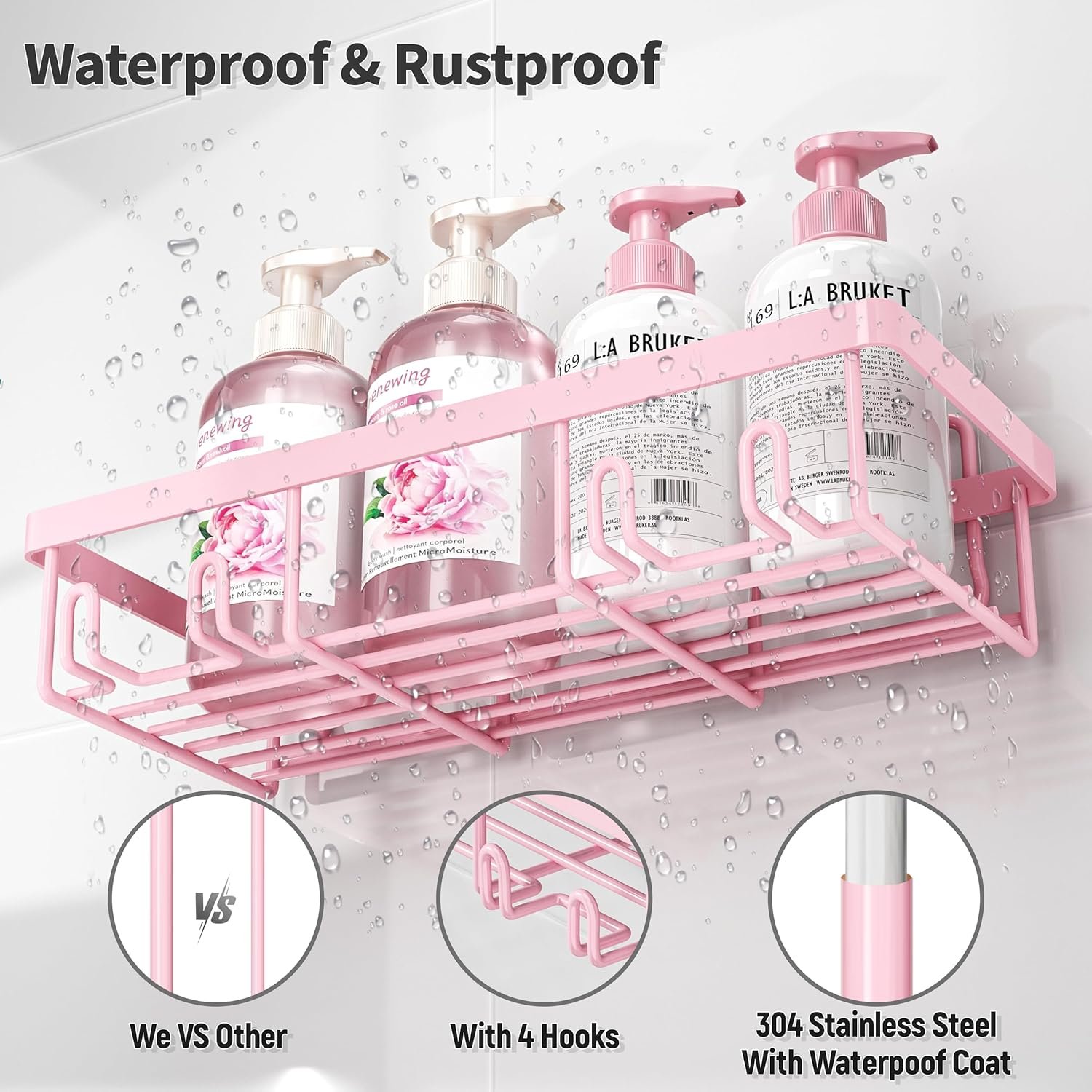 5 Pack Shower Caddy Organizer Rack Shelf for Inside Shower, Adhesive Bathroom Wall Storage Basket Rustproof Stainless Steel Shampoo Holder, Girly Bathroom Accessory Decor Set, Pink - Image 6