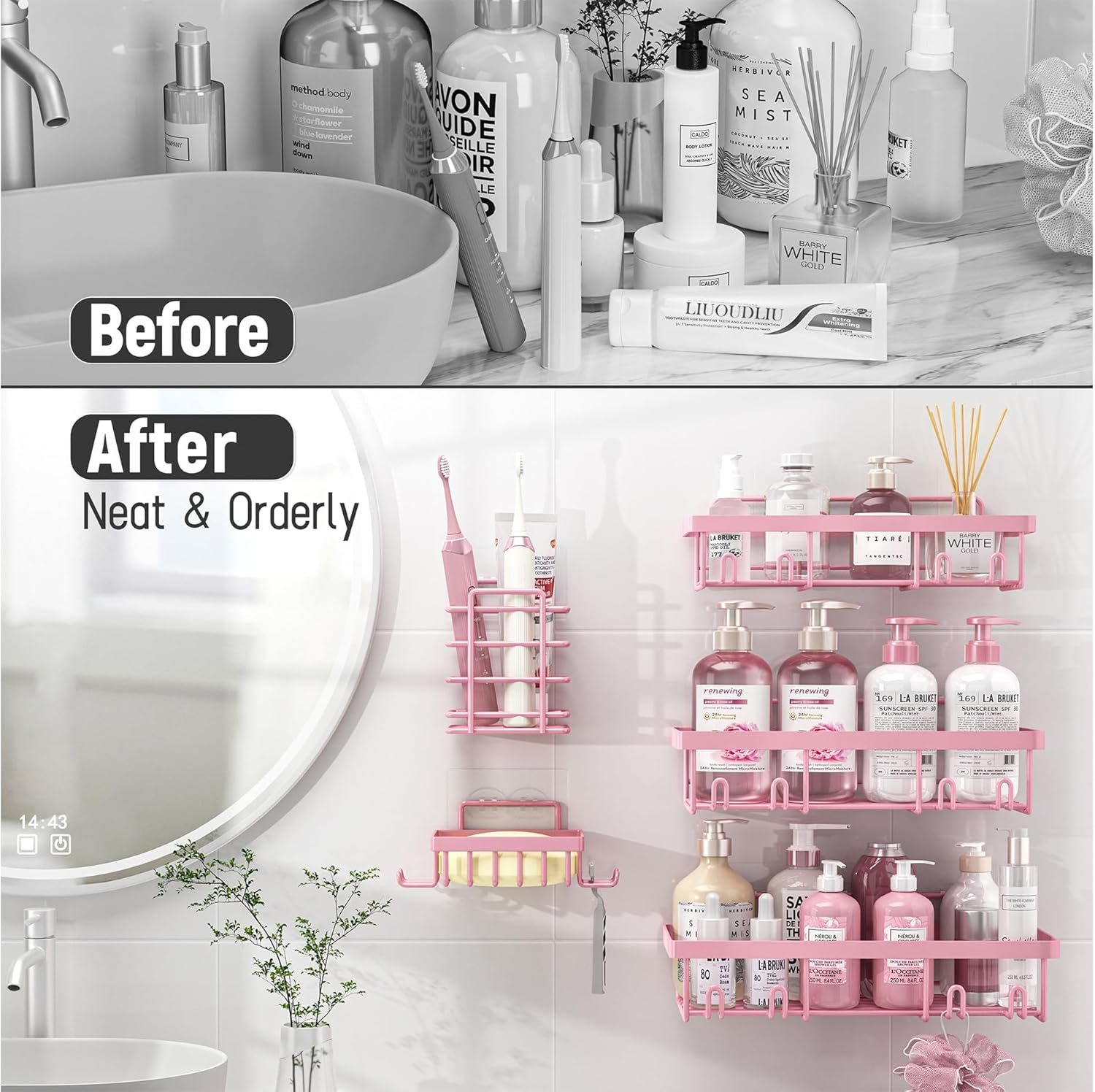 5 Pack Shower Caddy Organizer Rack Shelf for Inside Shower, Adhesive Bathroom Wall Storage Basket Rustproof Stainless Steel Shampoo Holder, Girly Bathroom Accessory Decor Set, Pink - Image 7
