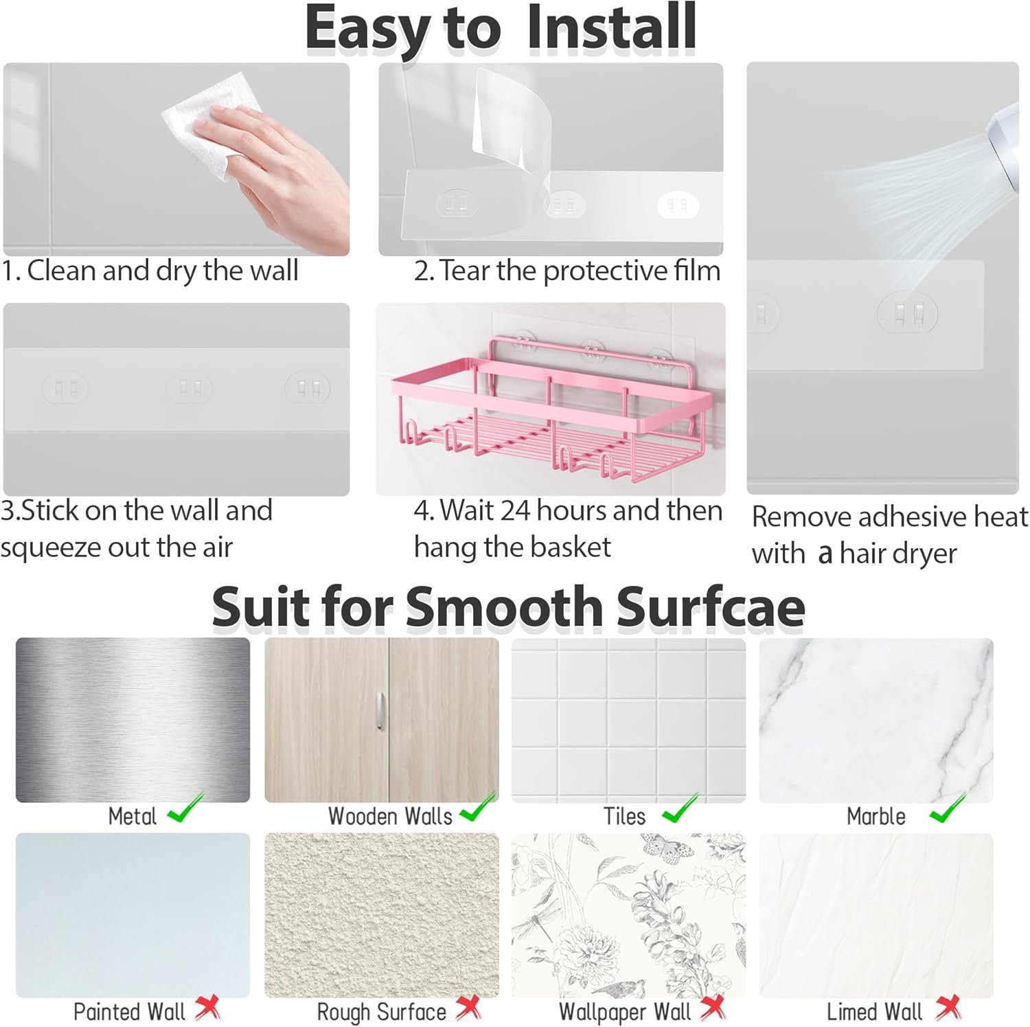 5 Pack Shower Caddy Organizer Rack Shelf for Inside Shower, Adhesive Bathroom Wall Storage Basket Rustproof Stainless Steel Shampoo Holder, Girly Bathroom Accessory Decor Set, Pink - Image 8