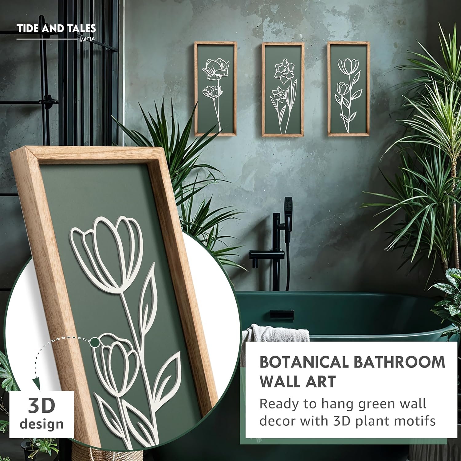 3D Floral Green Wall Art (Set of 3) Lightweight, Wooden Ready-to-Hang Boho Framed Wall Art for Bathroom, Master Bedroom, Living Room or Office - Premium Sage Green Farmhouse Decor - Gift-Boxed - Image 3