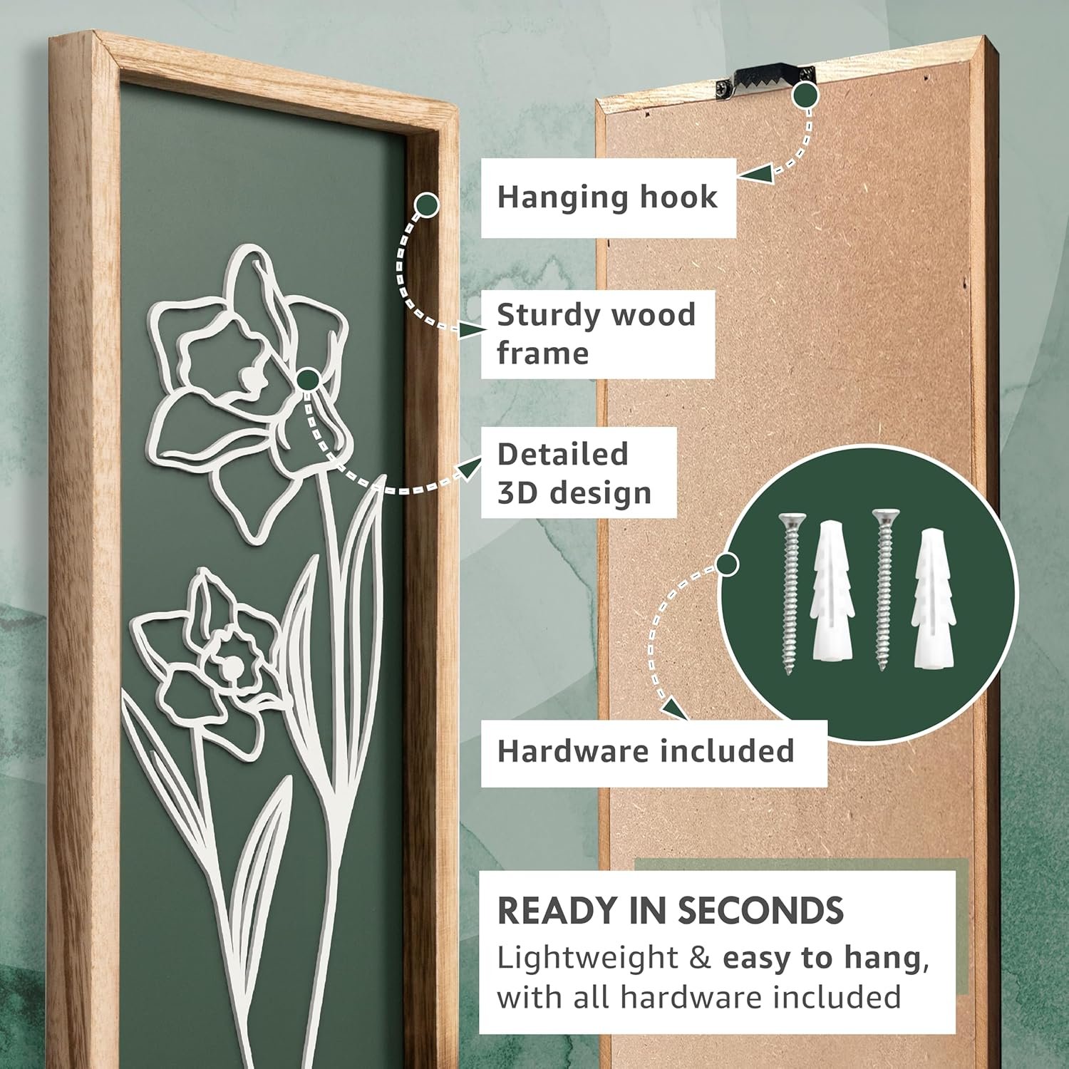 3D Floral Green Wall Art (Set of 3) Lightweight, Wooden Ready-to-Hang Boho Framed Wall Art for Bathroom, Master Bedroom, Living Room or Office - Premium Sage Green Farmhouse Decor - Gift-Boxed - Image 5