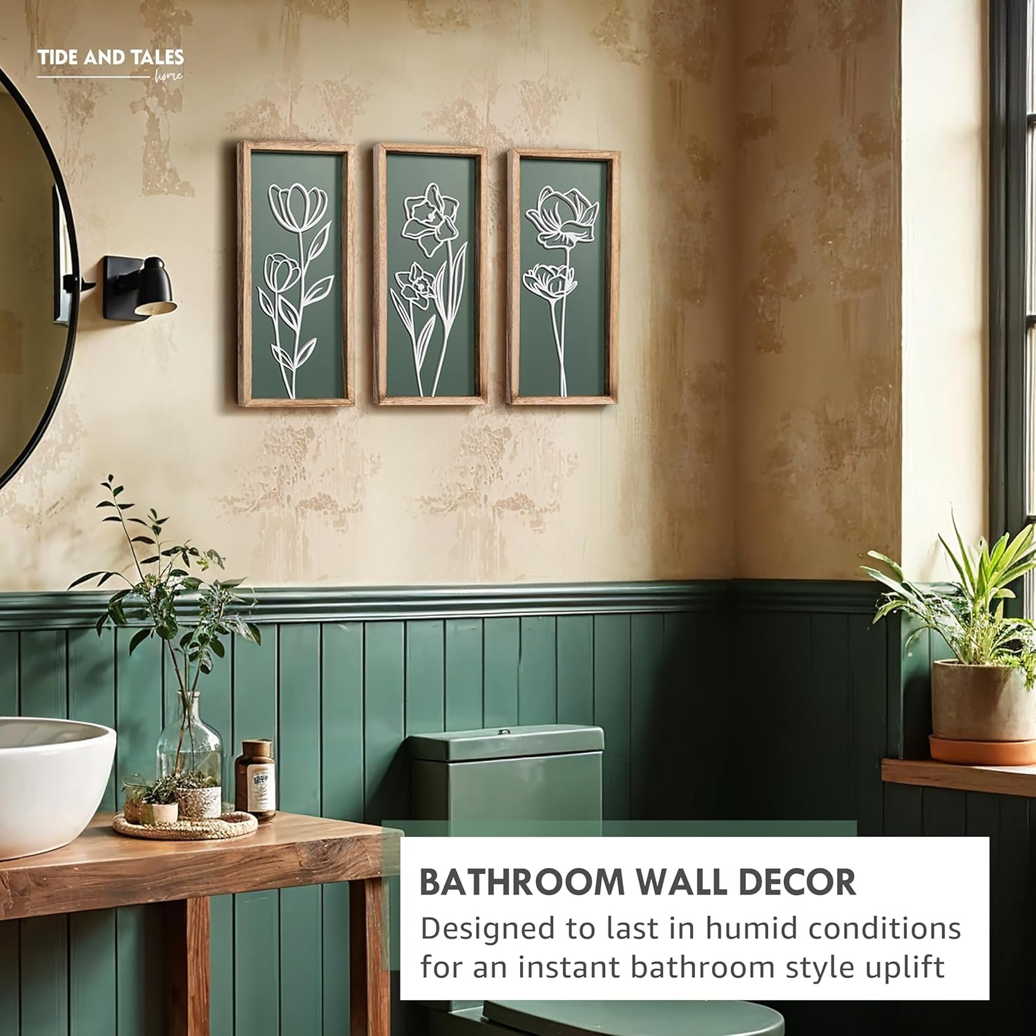 3D Floral Green Wall Art (Set of 3) Lightweight, Wooden Ready-to-Hang Boho Framed Wall Art for Bathroom, Master Bedroom, Living Room or Office - Premium Sage Green Farmhouse Decor - Gift-Boxed - Image 6