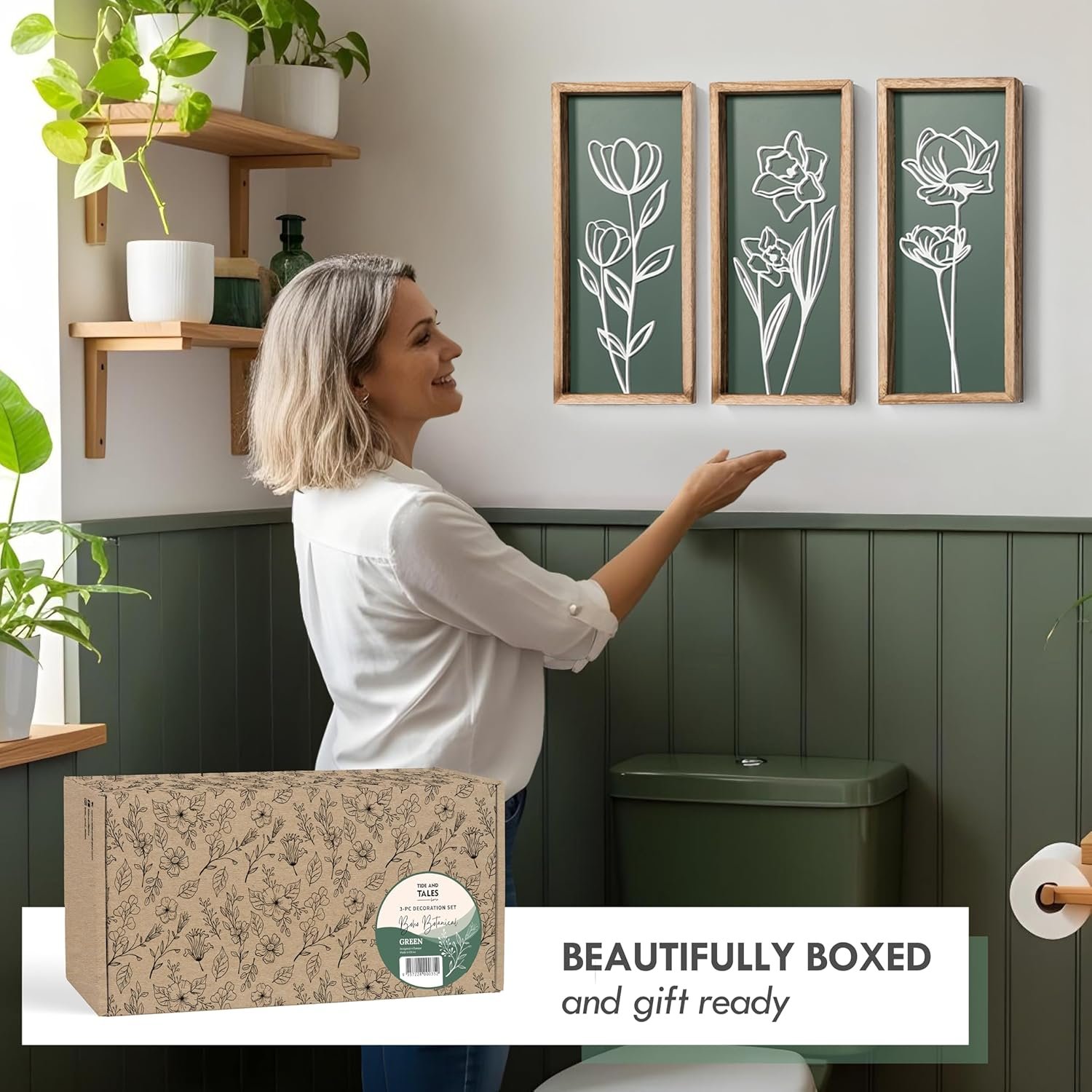 3D Floral Green Wall Art (Set of 3) Lightweight, Wooden Ready-to-Hang Boho Framed Wall Art for Bathroom, Master Bedroom, Living Room or Office - Premium Sage Green Farmhouse Decor - Gift-Boxed - Image 8