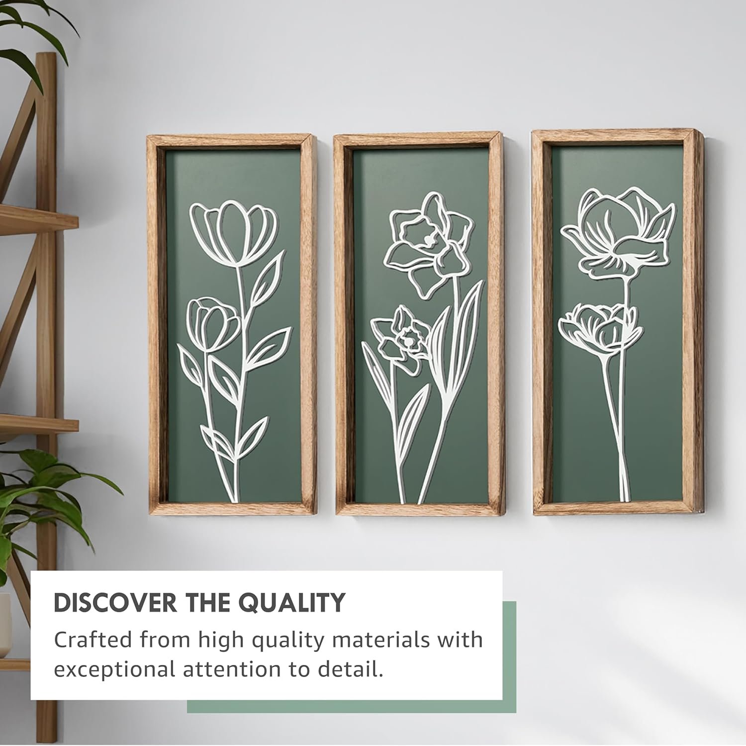 3D Floral Green Wall Art (Set of 3) Lightweight, Wooden Ready-to-Hang Boho Framed Wall Art for Bathroom, Master Bedroom, Living Room or Office - Premium Sage Green Farmhouse Decor - Gift-Boxed - Image 10