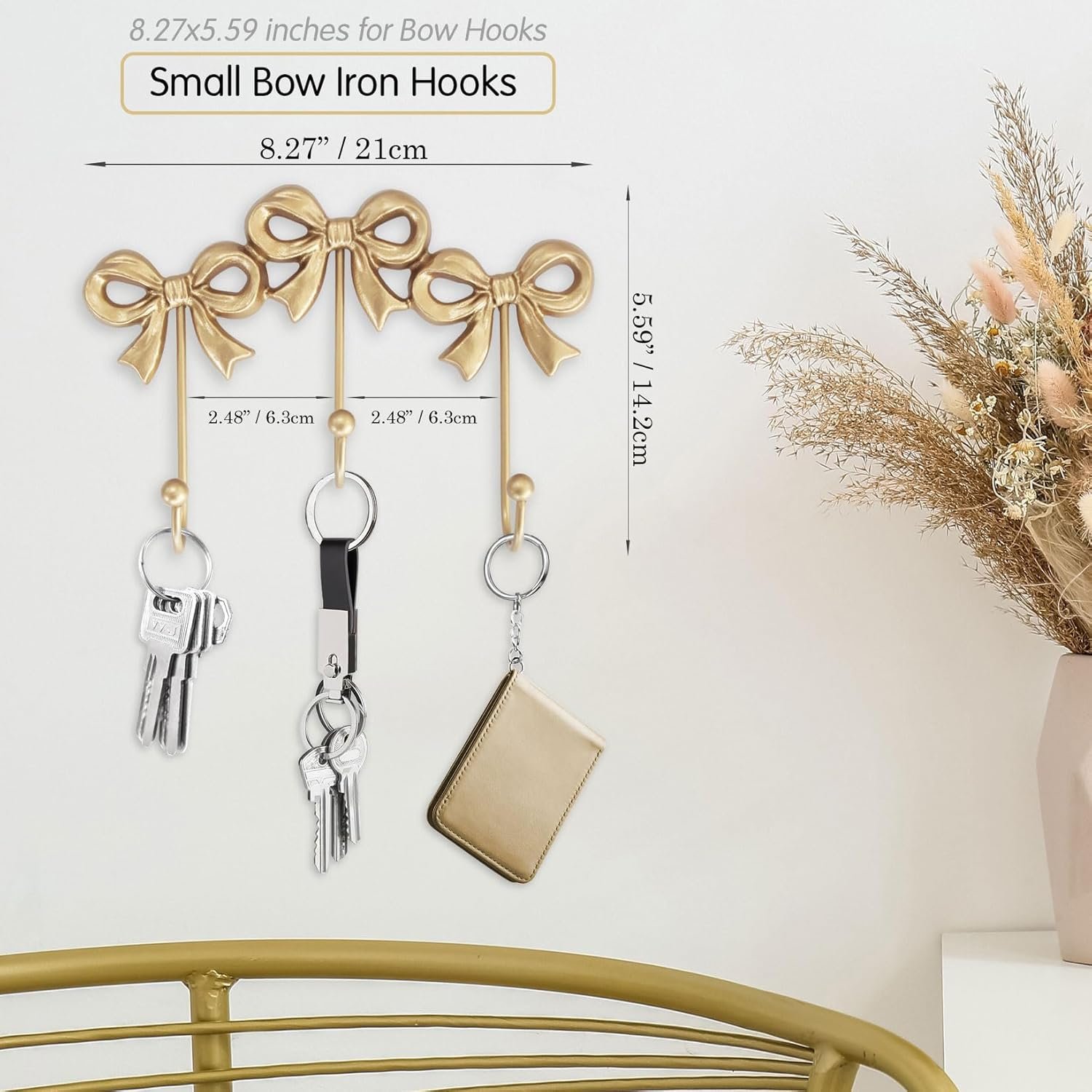 Small Bow Wall Hook,Gold Wall Mounted Functional Hooks,Antique Gold Cast Iron Hook for Coats,Bags, Bath Towels,Room Decorations,Girls Room,Bathroom,Office(Three-Bows Hooks:8.27x5.59 inches) - Image 3