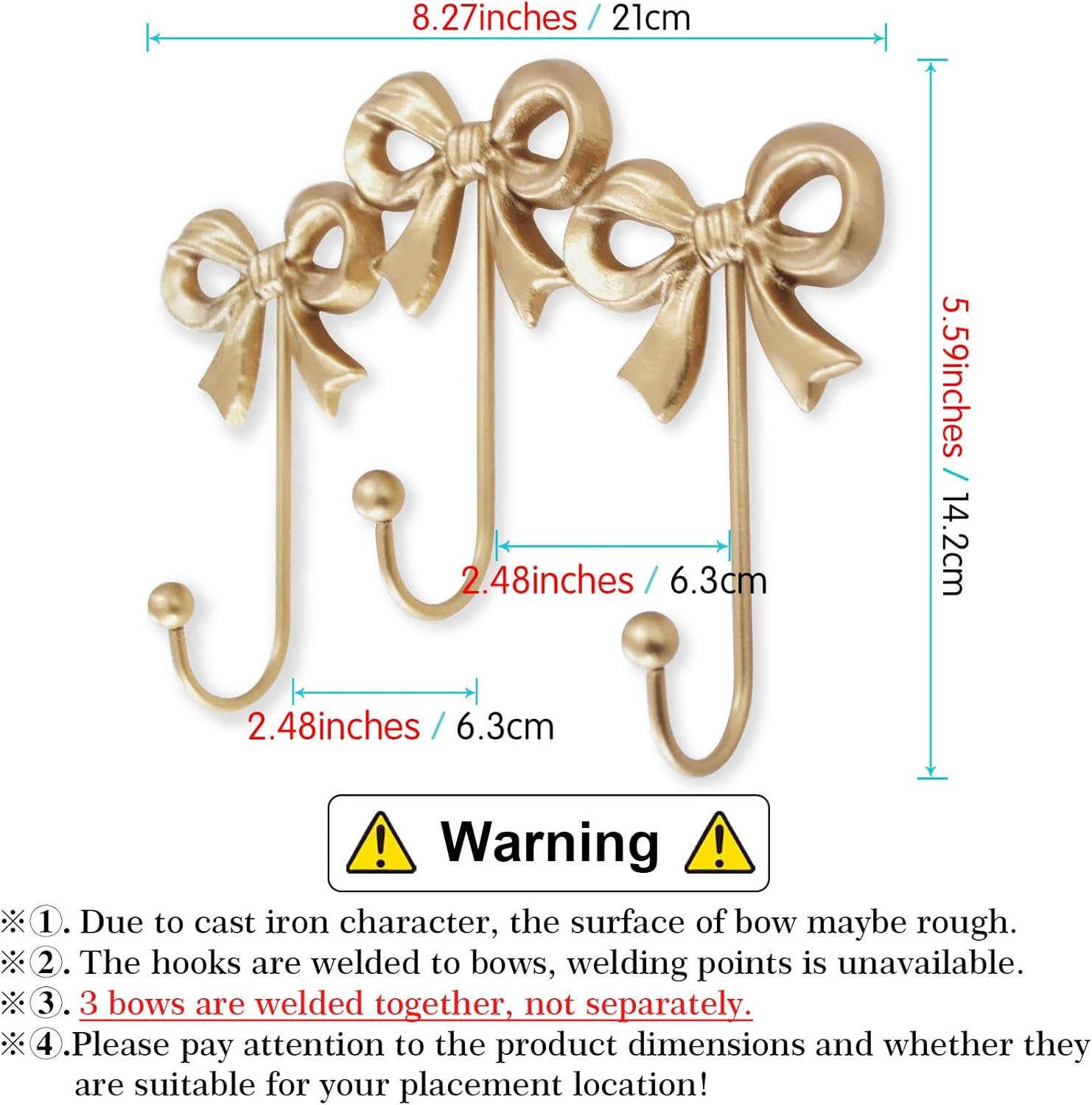 Small Bow Wall Hook,Gold Wall Mounted Functional Hooks,Antique Gold Cast Iron Hook for Coats,Bags, Bath Towels,Room Decorations,Girls Room,Bathroom,Office(Three-Bows Hooks:8.27x5.59 inches) - Image 4