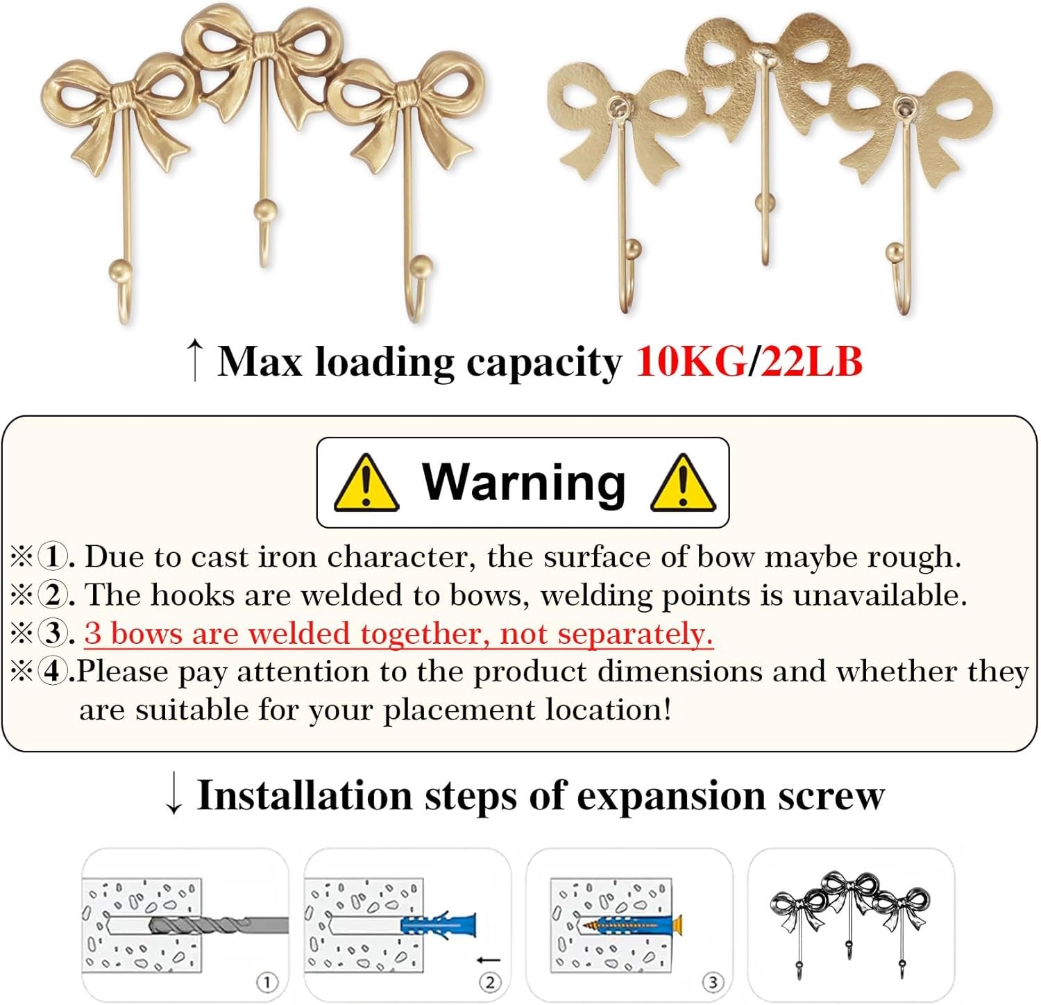 Small Bow Wall Hook,Gold Wall Mounted Functional Hooks,Antique Gold Cast Iron Hook for Coats,Bags, Bath Towels,Room Decorations,Girls Room,Bathroom,Office(Three-Bows Hooks:8.27x5.59 inches) - Image 5