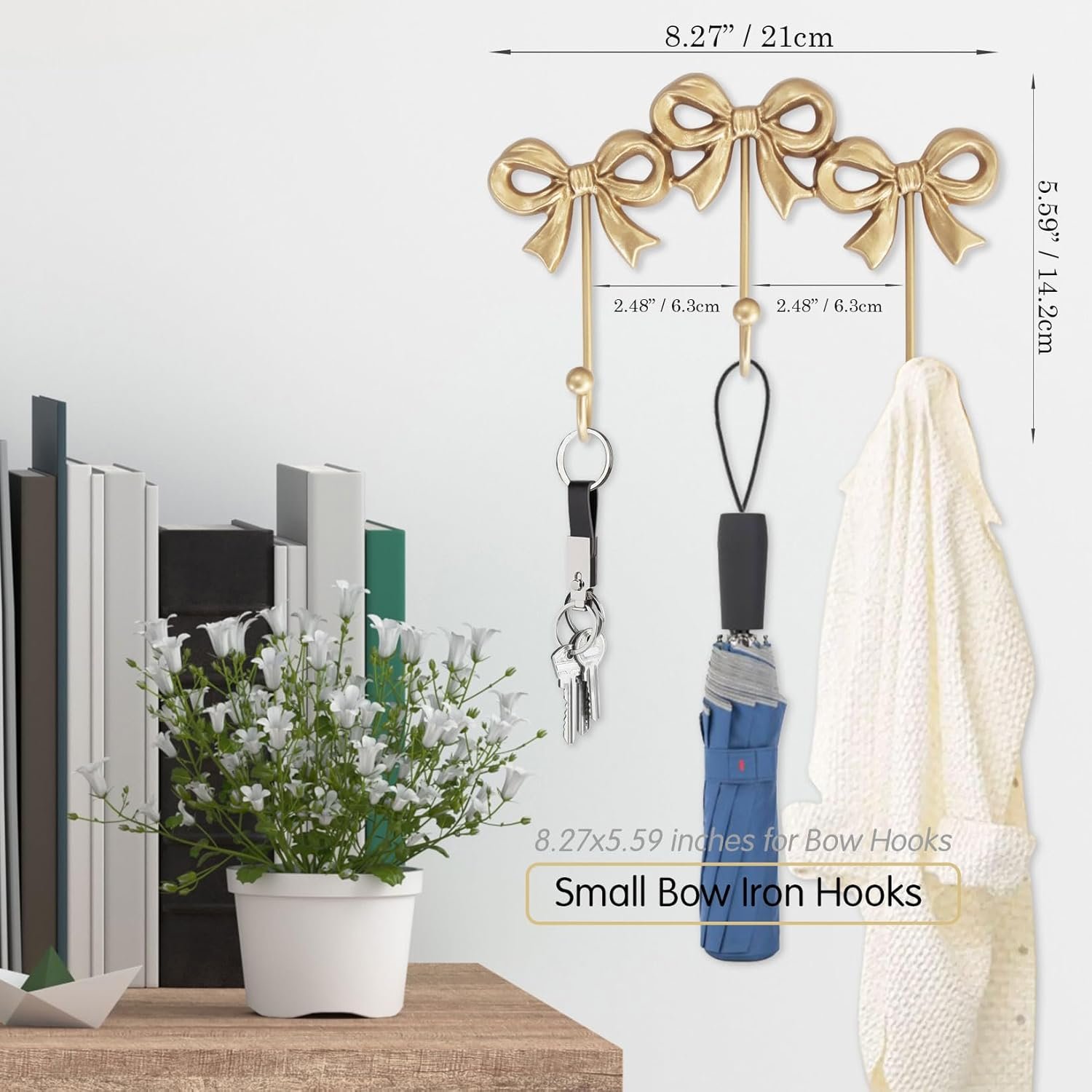 Small Bow Wall Hook,Gold Wall Mounted Functional Hooks,Antique Gold Cast Iron Hook for Coats,Bags, Bath Towels,Room Decorations,Girls Room,Bathroom,Office(Three-Bows Hooks:8.27x5.59 inches) - Image 7