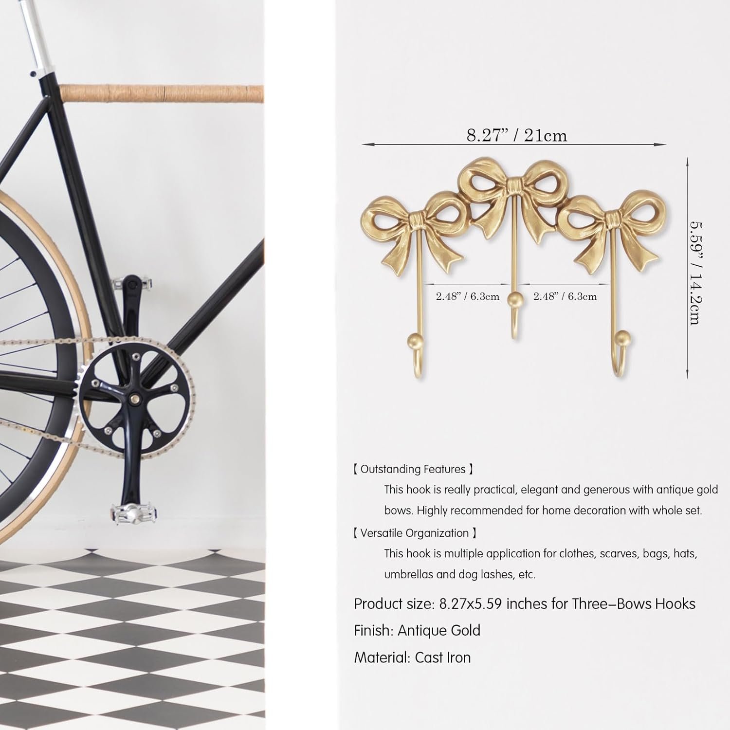 Small Bow Wall Hook,Gold Wall Mounted Functional Hooks,Antique Gold Cast Iron Hook for Coats,Bags, Bath Towels,Room Decorations,Girls Room,Bathroom,Office(Three-Bows Hooks:8.27x5.59 inches) - Image 9