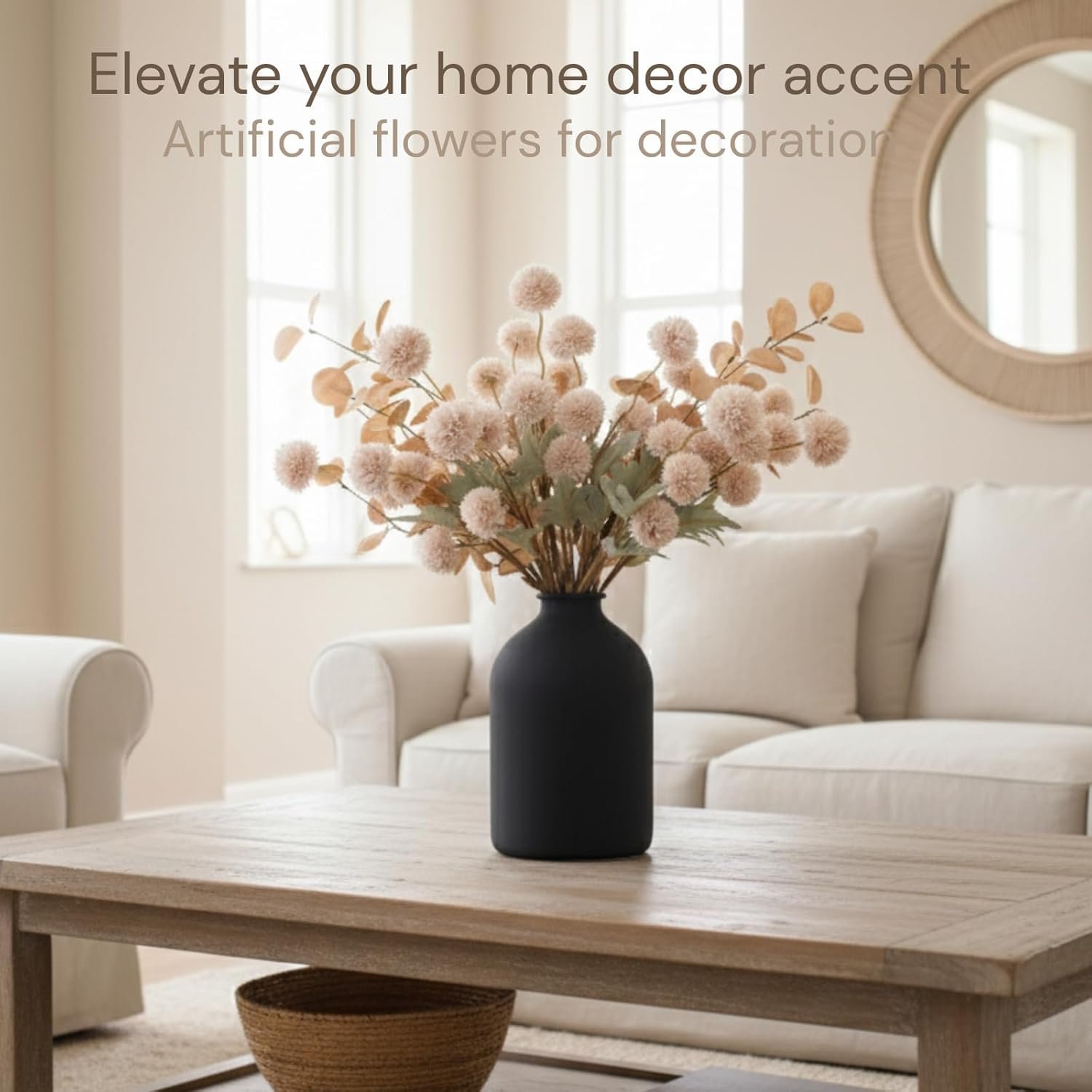 Beige Fake Flowers Silk 10 Stems With Eucalyptus, Faux Flowers For Vase, Artificial Mums Long Stem, Mini Faux Mums Flower Bulk, Tan Nude Cream Neutral Floral, Chrysanthemum Pom Pom Floral Arrangements - Image 4