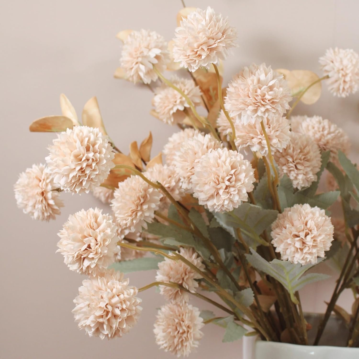 Beige Fake Flowers Silk 10 Stems With Eucalyptus, Faux Flowers For Vase, Artificial Mums Long Stem, Mini Faux Mums Flower Bulk, Tan Nude Cream Neutral Floral, Chrysanthemum Pom Pom Floral Arrangements - Image 5