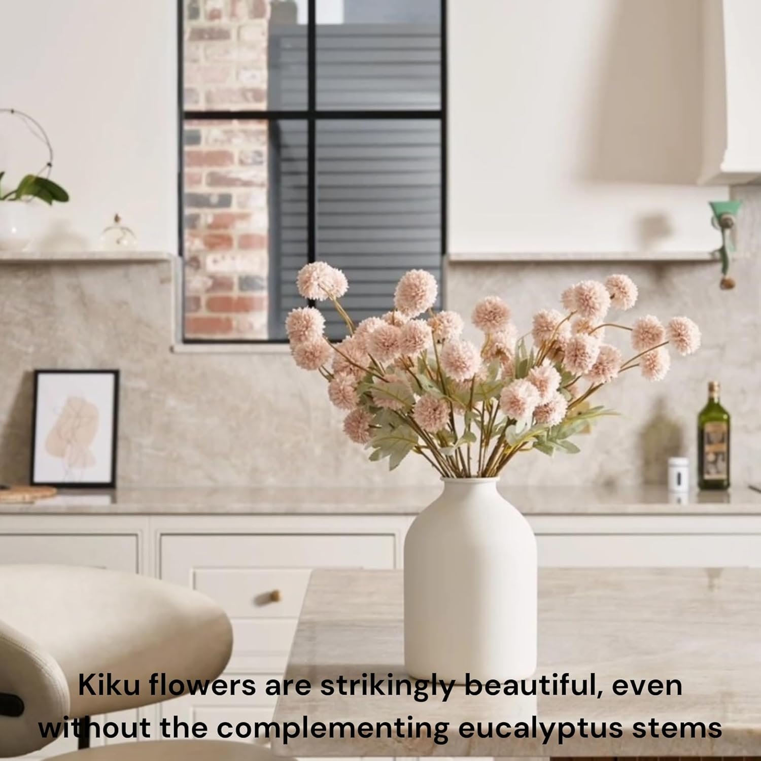 Beige Fake Flowers Silk 10 Stems With Eucalyptus, Faux Flowers For Vase, Artificial Mums Long Stem, Mini Faux Mums Flower Bulk, Tan Nude Cream Neutral Floral, Chrysanthemum Pom Pom Floral Arrangements - Image 6