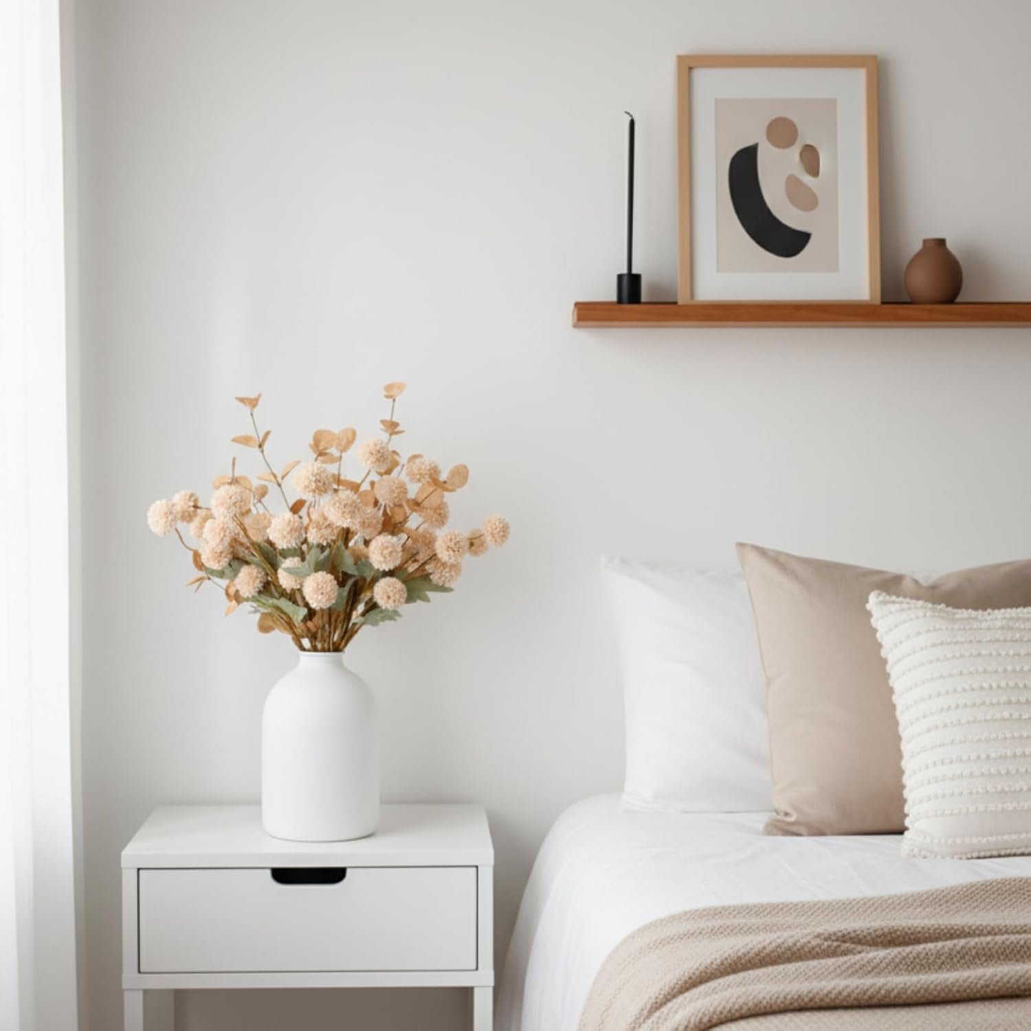 Beige Fake Flowers Silk 10 Stems With Eucalyptus, Faux Flowers For Vase, Artificial Mums Long Stem, Mini Faux Mums Flower Bulk, Tan Nude Cream Neutral Floral, Chrysanthemum Pom Pom Floral Arrangements - Image 8