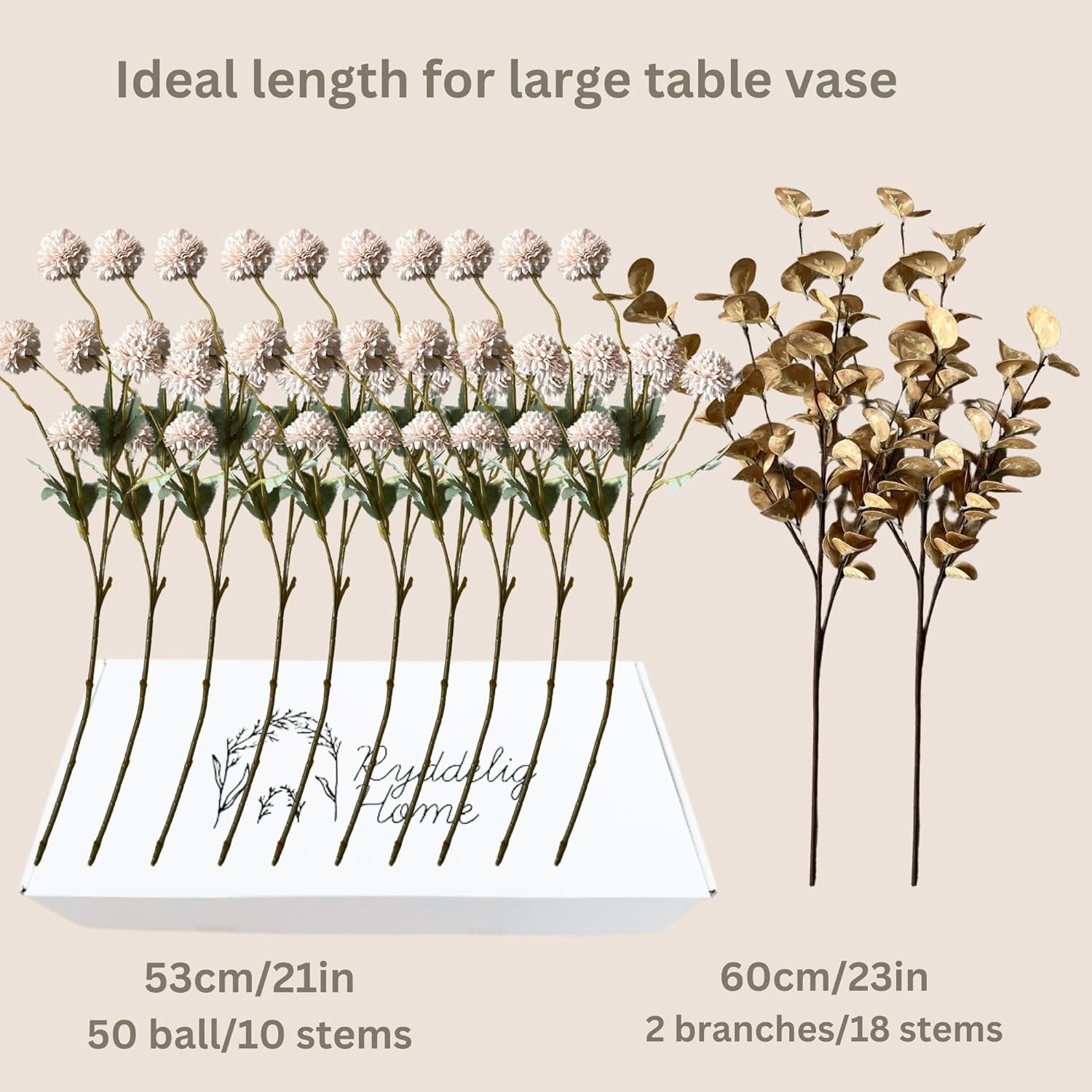 Beige Fake Flowers Silk 10 Stems With Eucalyptus, Faux Flowers For Vase, Artificial Mums Long Stem, Mini Faux Mums Flower Bulk, Tan Nude Cream Neutral Floral, Chrysanthemum Pom Pom Floral Arrangements - Image 10