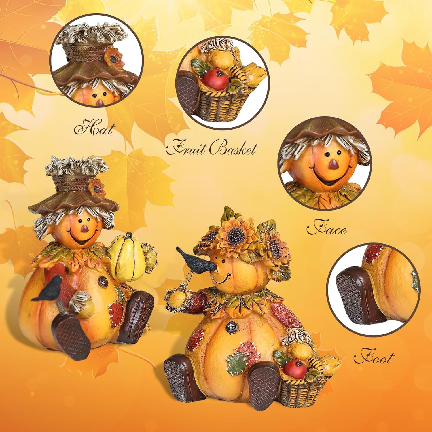 Topadorn Polystone Table Decor Seasonal Fall Harvest Statue Pumpkin People Dolls for Home Fall Decor for Thanksgiving Day, Set of 2 - Image 5