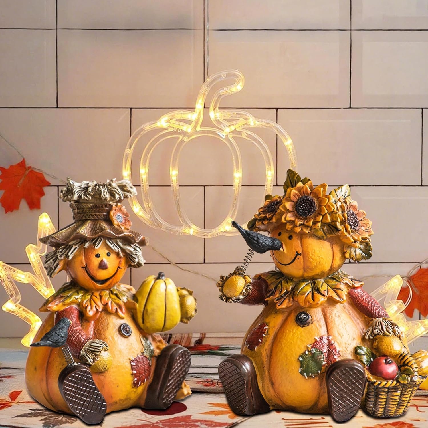 Topadorn Polystone Table Decor Seasonal Fall Harvest Statue Pumpkin People Dolls for Home Fall Decor for Thanksgiving Day, Set of 2 - Image 10