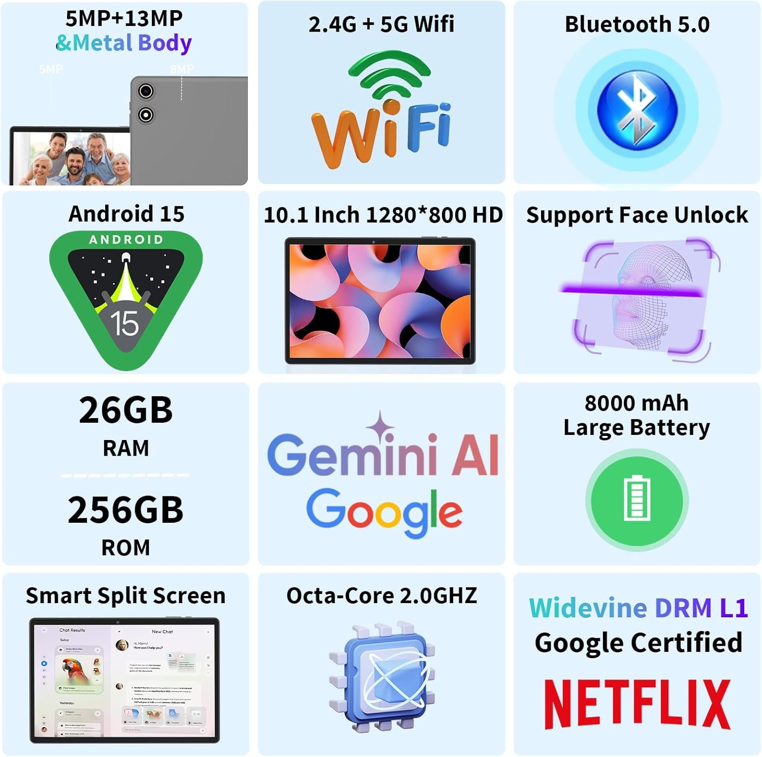Android 15 Tablet with Keyboard, 26GB RAM+256GB ROM(2TB Expand), 10 inch tablet with 8000mAh Battery, 2.4G/5G WiFi, 5MP+13MP Dual Camera, Widevine L1, Gemini AI, Mouse, Case, Stylus(Green Case) - Image 3