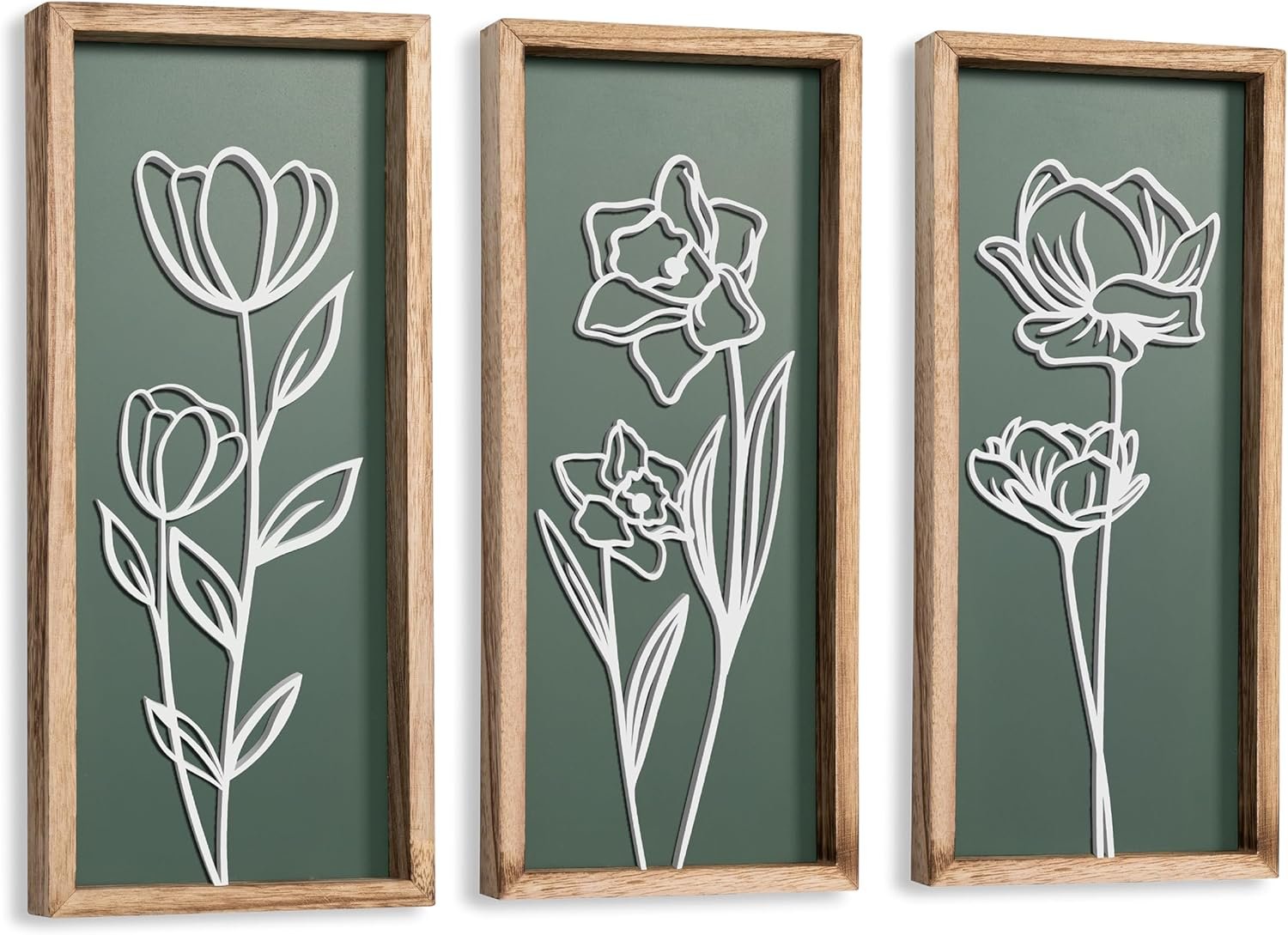 3D Floral Green Wall Art (Set of 3) Lightweight, Wooden Ready-to-Hang Boho Framed Wall Art for Bathroom, Master Bedroom, Living Room or Office - Premium Sage Green Farmhouse Decor - Gift-Boxed - Image 2