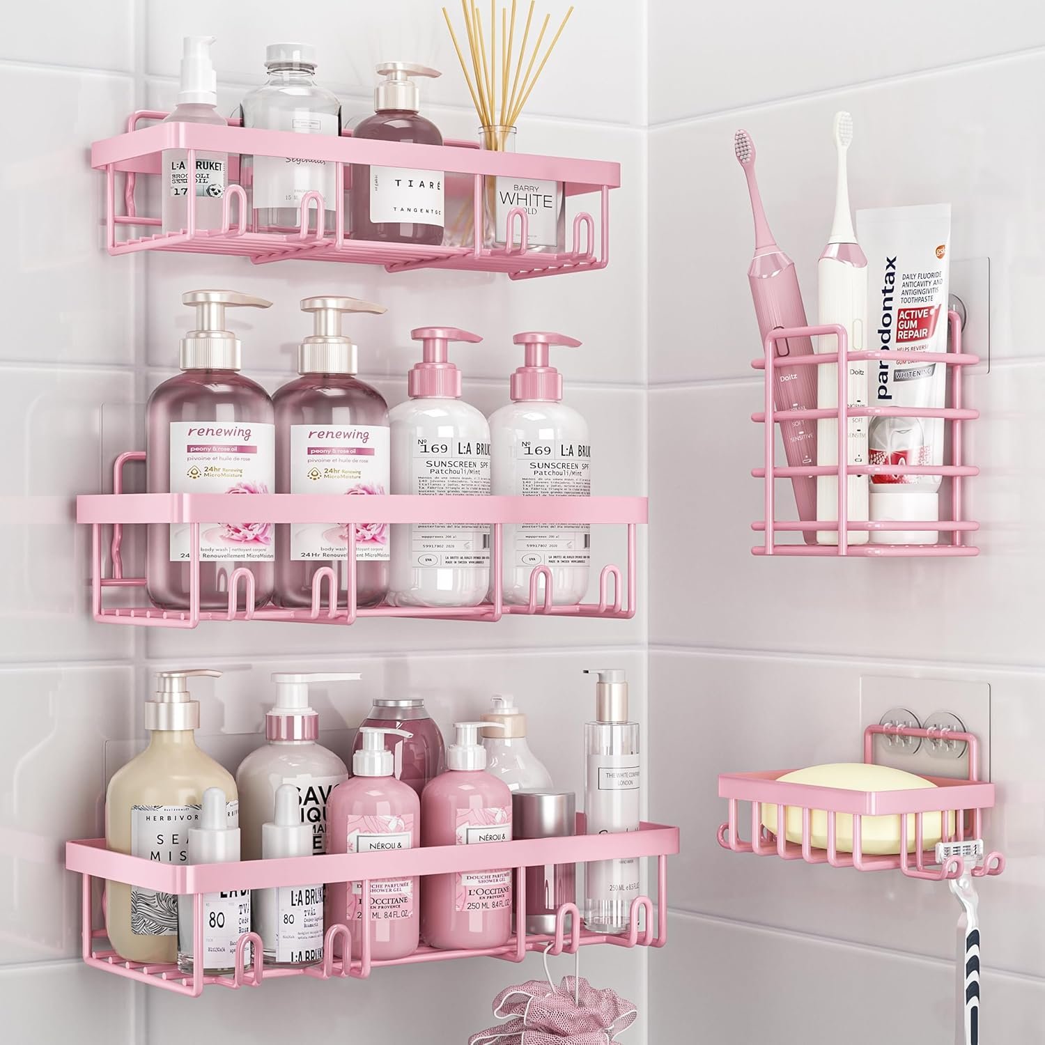 5 Pack Shower Caddy Organizer Rack Shelf for Inside Shower, Adhesive Bathroom Wall Storage Basket Rustproof Stainless Steel Shampoo Holder, Girly Bathroom Accessory Decor Set, Pink - Image 2