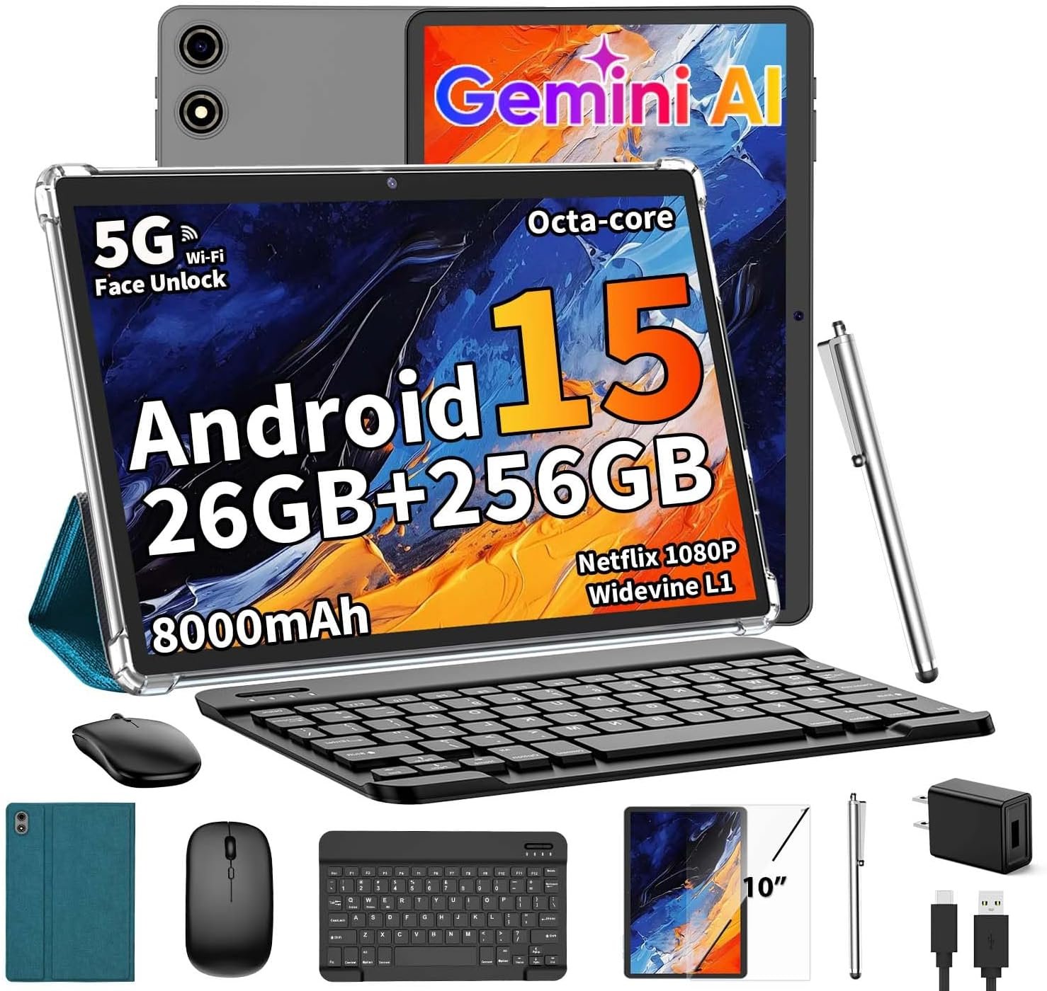 Android 15 Tablet with Keyboard, 26GB RAM+256GB ROM(2TB Expand), 10 inch tablet with 8000mAh Battery, 2.4G/5G WiFi, 5MP+13MP Dual Camera, Widevine L1, Gemini AI, Mouse, Case, Stylus(Green Case) - Image 2