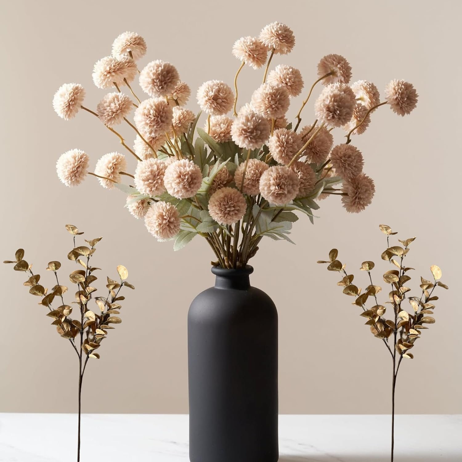 Beige Fake Flowers Silk 10 Stems With Eucalyptus, Faux Flowers For Vase, Artificial Mums Long Stem, Mini Faux Mums Flower Bulk, Tan Nude Cream Neutral Floral, Chrysanthemum Pom Pom Floral Arrangements - Image 2