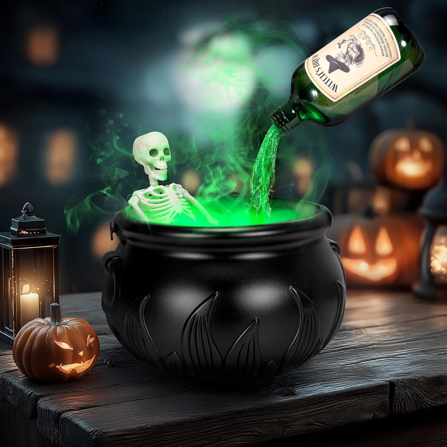 Halloween Decorations Indoor - Cauldron Decor with Skeleton, Magic Floating Potion Bottles & Fog Maker - Black Witches Cauldron Halloween Party Decoration for Home Table - Image 2