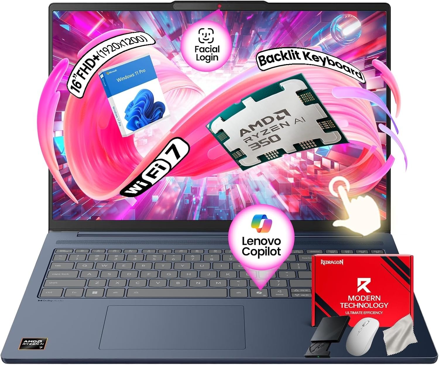 Lenovo IdeaPad Copilot+ Business Laptop - 16" FHD+ Touchscreen - AMD Ryzen AI 7 350(Beat Core 7 150U) - 50 TOPS NPU - Facial Login IR Cam - Backlit KB -Win 11 Pro-Redragon Bundle (64GB DDR5 | 4TB SSD) - Image 2