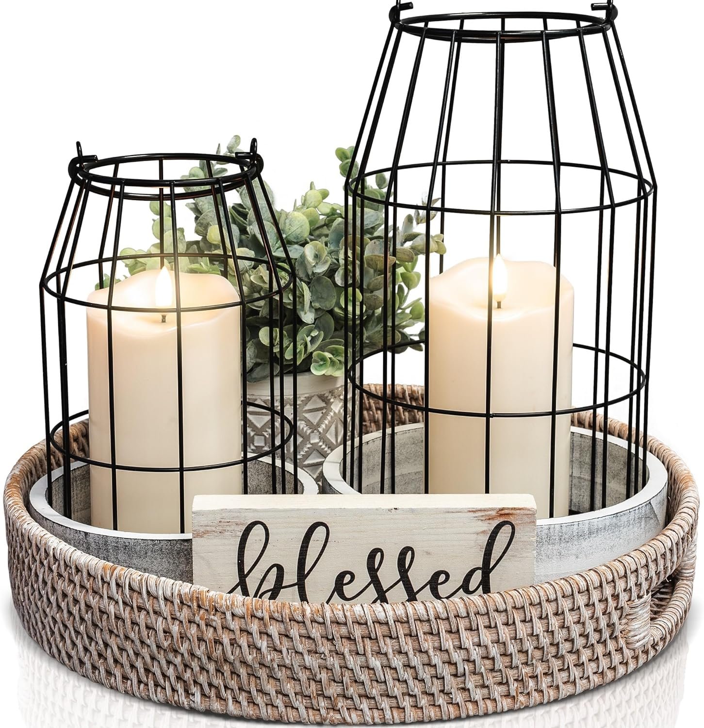 Rustic Farmhouse Lantern Decor Set of 2 - Stylish Decorative Lanterns for Your Living Room, Fireplace Mantle or Kitchen Dining Table - Modern Upscale Beauty for Your Entire Home - Image 2