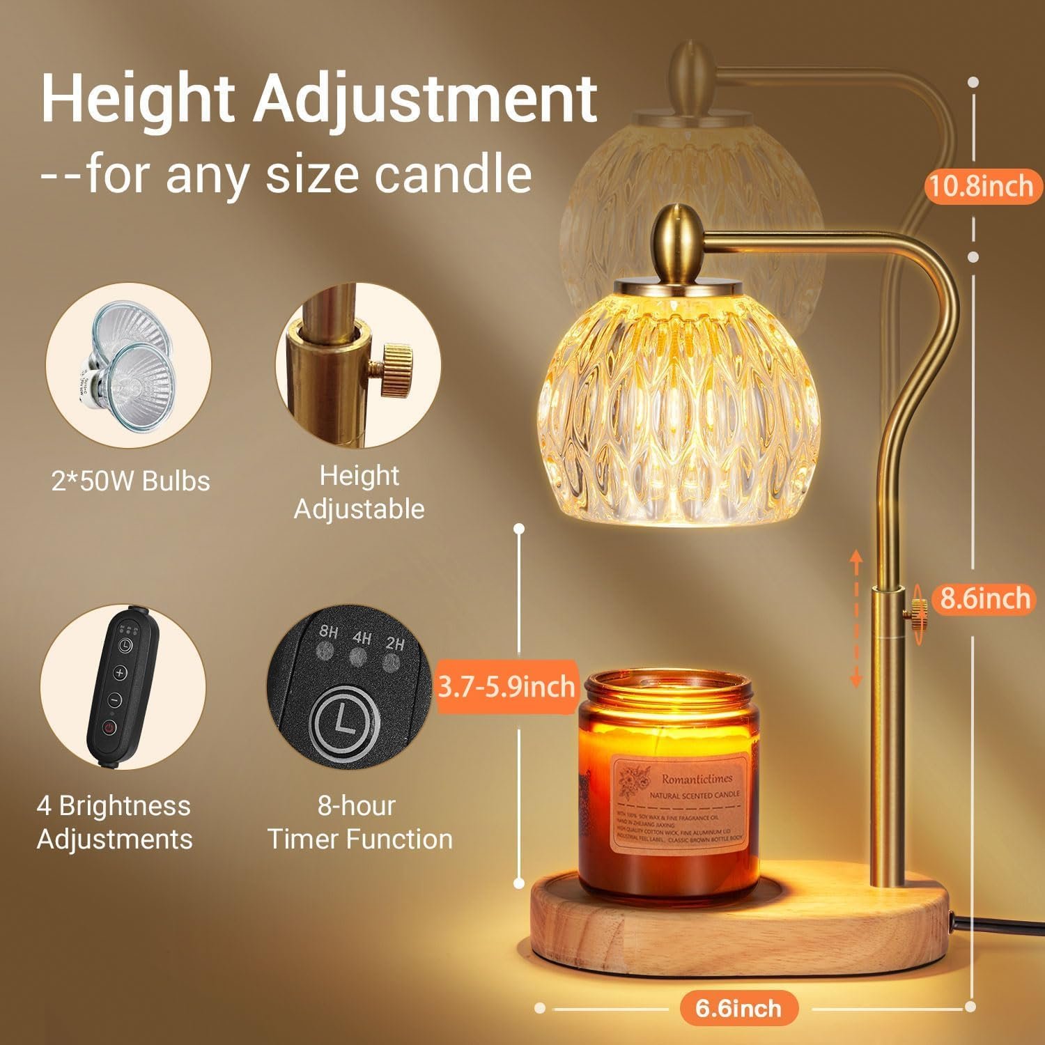 Candle Warmer, Candle Warmer Lamp with Timer & Dimmer Height Adjustable Scented Candles, with 2 * 50W Bulbs for Home Decor Mothers Day(Gold) - Image 3