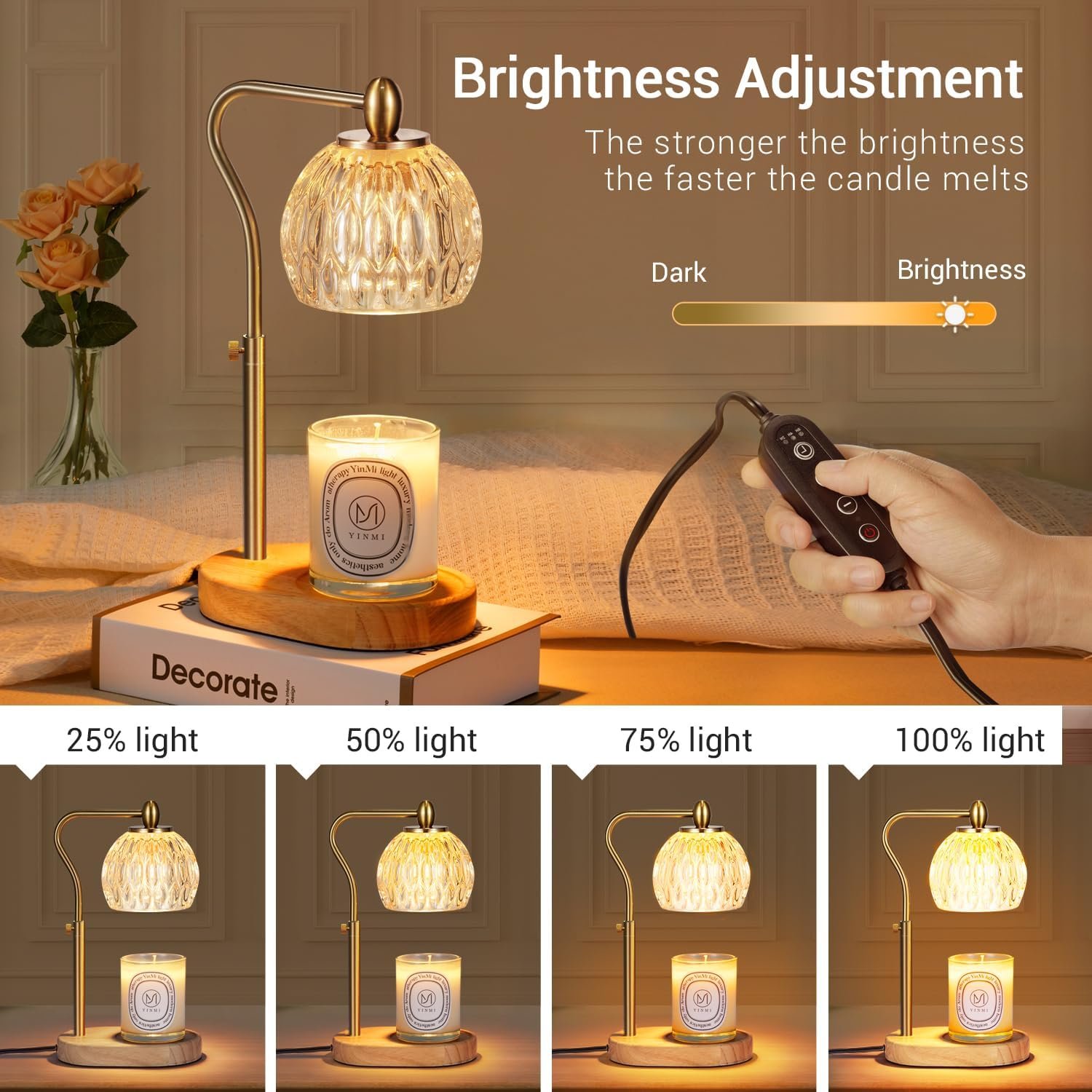 Candle Warmer, Candle Warmer Lamp with Timer & Dimmer Height Adjustable Scented Candles, with 2 * 50W Bulbs for Home Decor Mothers Day(Gold) - Image 4