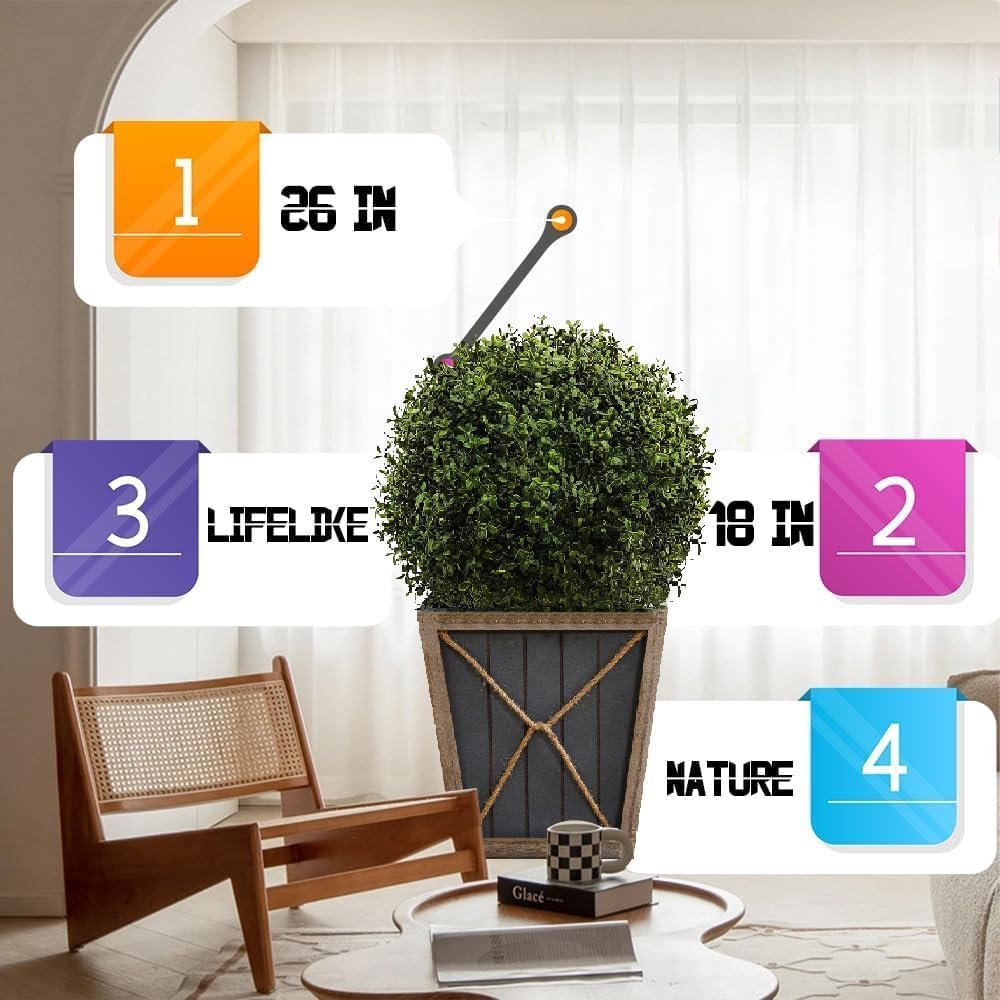 26" T x 17.5" D Artificial Boxwood Trees Set of 2 UV-Resistant Real-Touch Artificial Topiary for Front Porch and Home Décor - Image 5