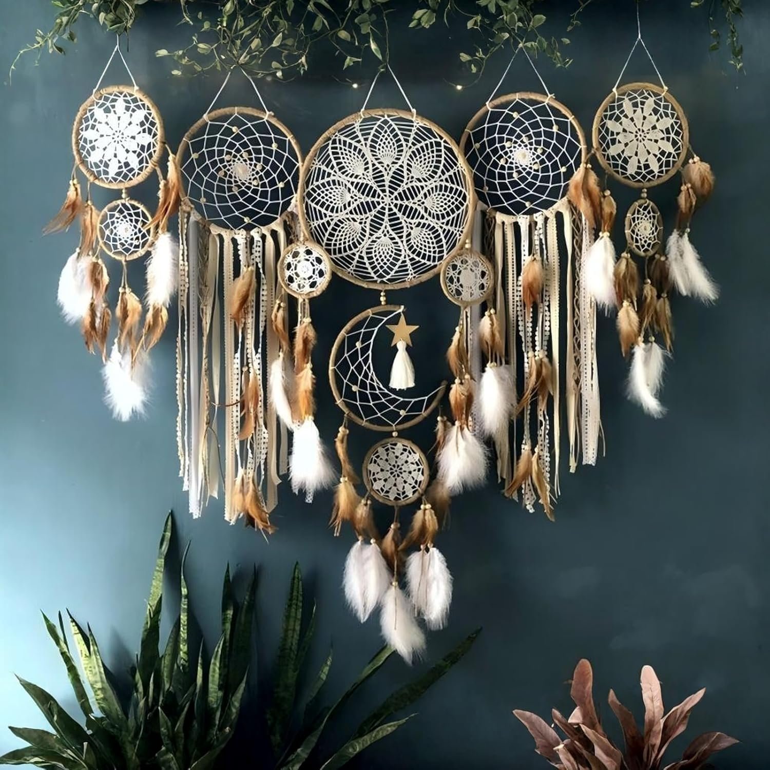Set of 5 Boho, Hanging Large Boho Dream Catcher Wall Hanging Moon Dream Catcher Set Dream Catchers Wall Decor for Vintage Wedding Home Decorations (Camel) - Image 3