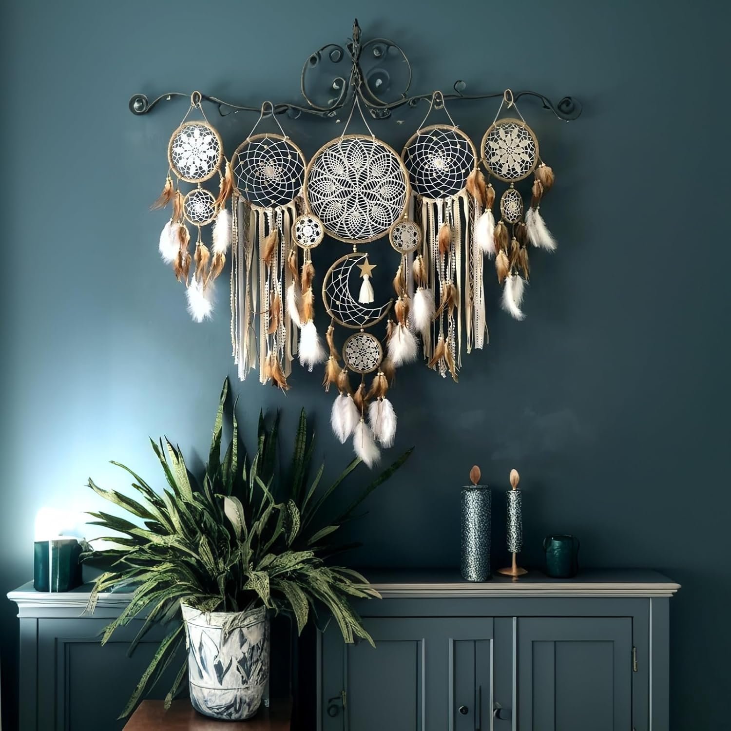 Set of 5 Boho, Hanging Large Boho Dream Catcher Wall Hanging Moon Dream Catcher Set Dream Catchers Wall Decor for Vintage Wedding Home Decorations (Camel) - Image 4