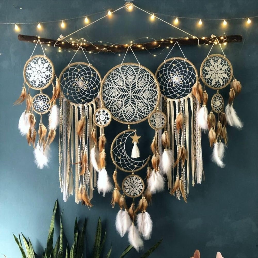 Set of 5 Boho, Hanging Large Boho Dream Catcher Wall Hanging Moon Dream Catcher Set Dream Catchers Wall Decor for Vintage Wedding Home Decorations (Camel) - Image 2