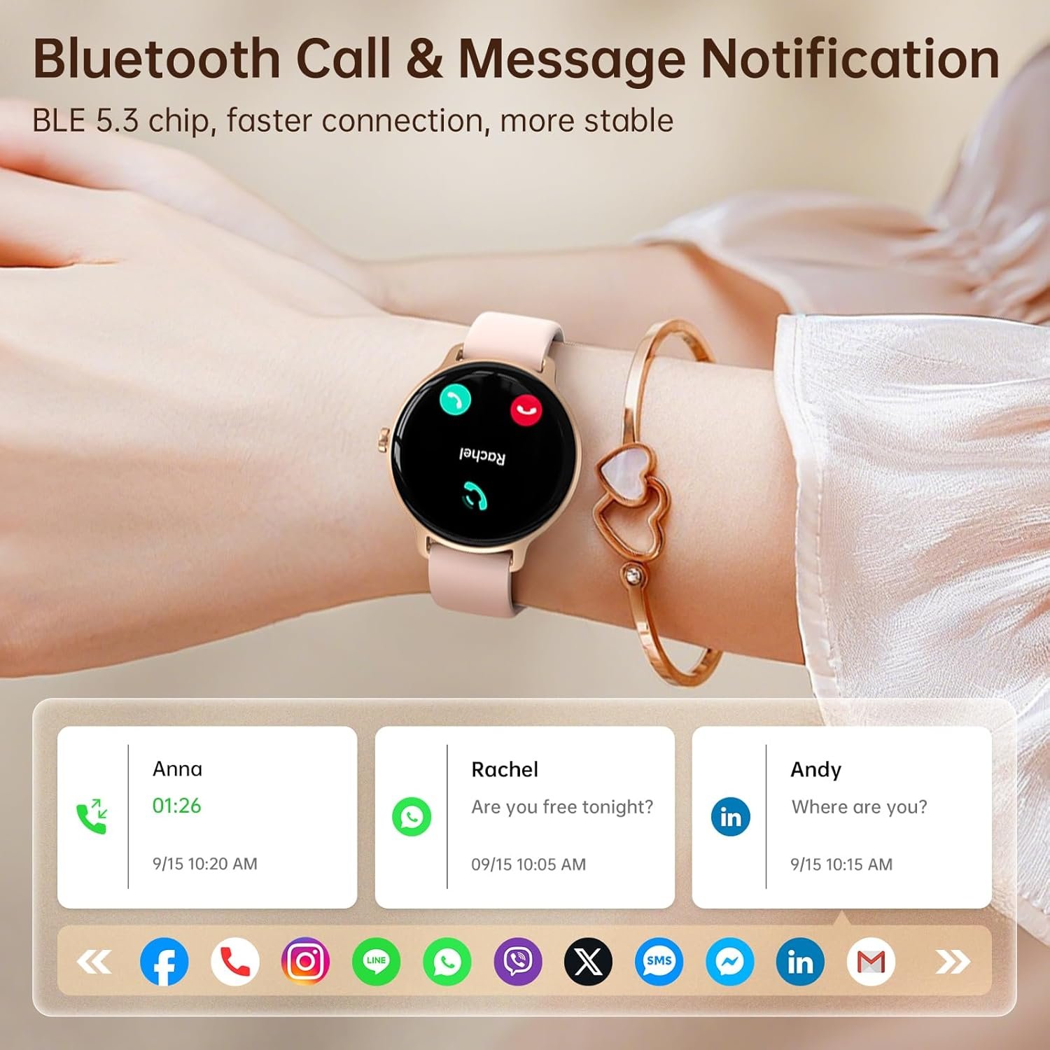Smart Watch for Women, 1.27" AMOLED Screen Smartwatch with Answer/Make Call for iPhone/Android/Samsung, Fitness Tracker with 120+ Sport Modes, Heart Rate/Sleep/Health Monitor, IP68 Waterproof, 2 Bands - Image 3