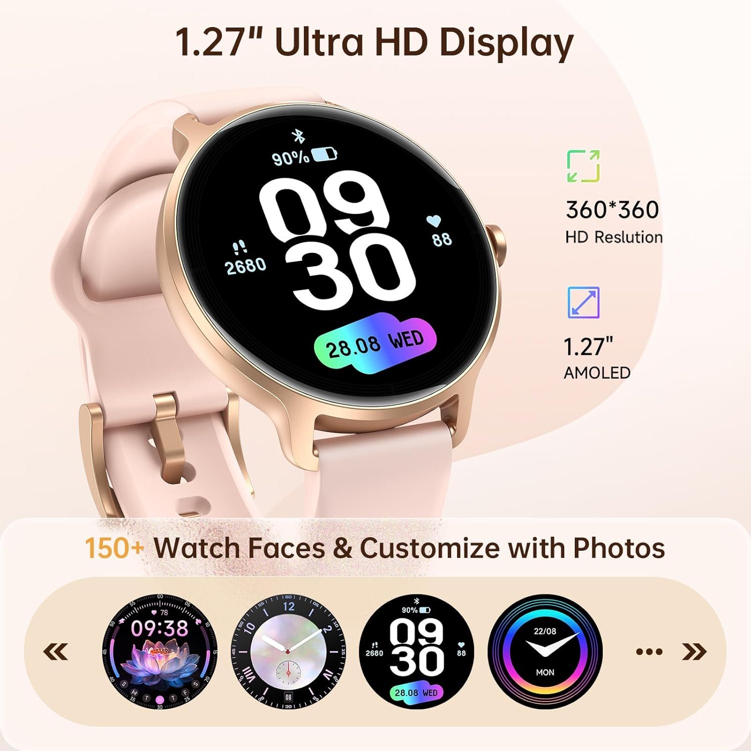 Smart Watch for Women, 1.27" AMOLED Screen Smartwatch with Answer/Make Call for iPhone/Android/Samsung, Fitness Tracker with 120+ Sport Modes, Heart Rate/Sleep/Health Monitor, IP68 Waterproof, 2 Bands - Image 7