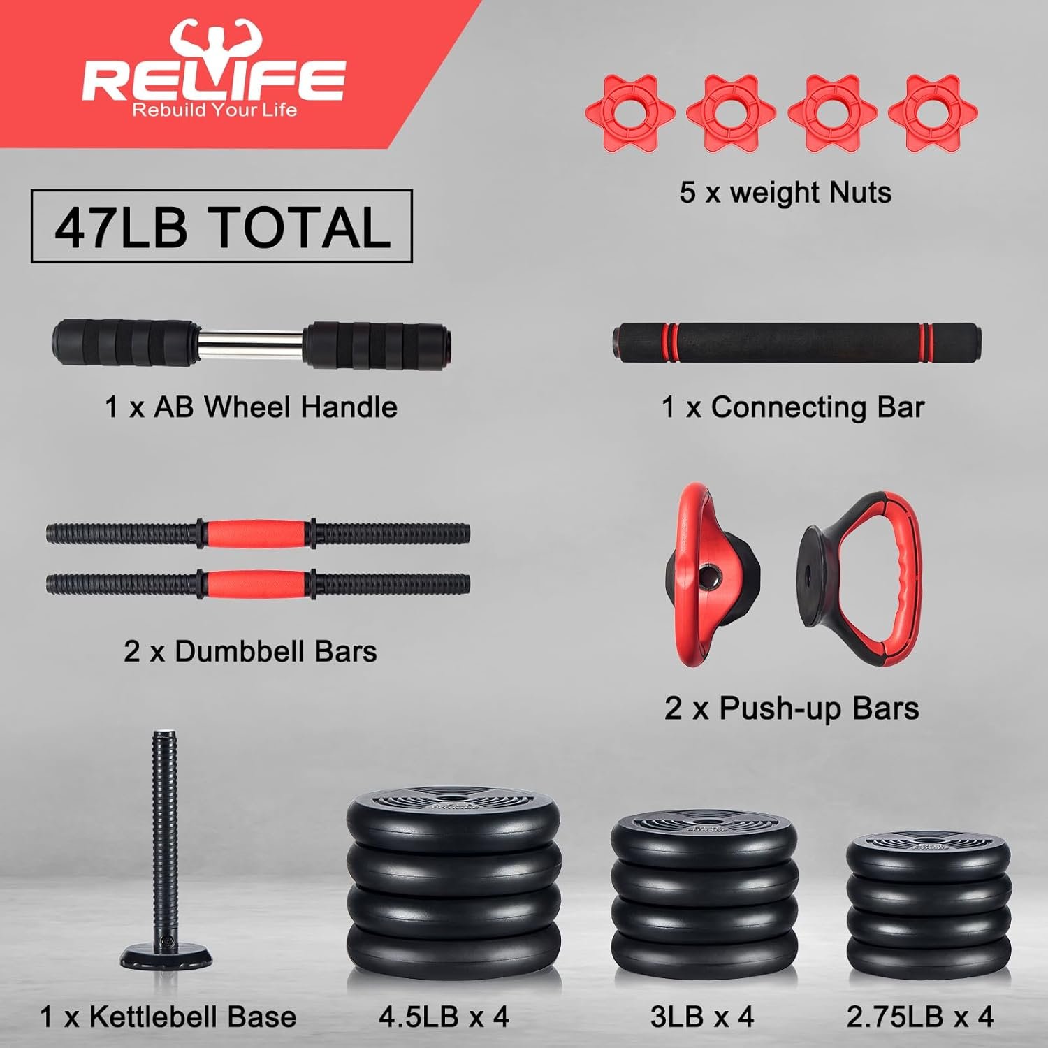 RELIFE REBUILD YOUR LIFE Adjustable Dumbbells Set 6 in 1 Weight Set Dumbbell Barbell Kettlebells, Push-up, Push up Stand and Ab roller for Workout Home Fitness Equipment - Image 4