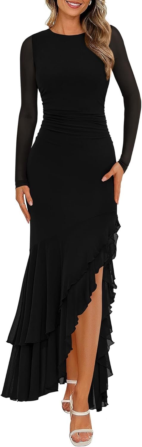 BTFBM Women’s Maxi Dresses Spring 2026 Long Sleeve Ruched Bodycon Solid Ruffle Mermaid Cocktail Wedding Guest Dress