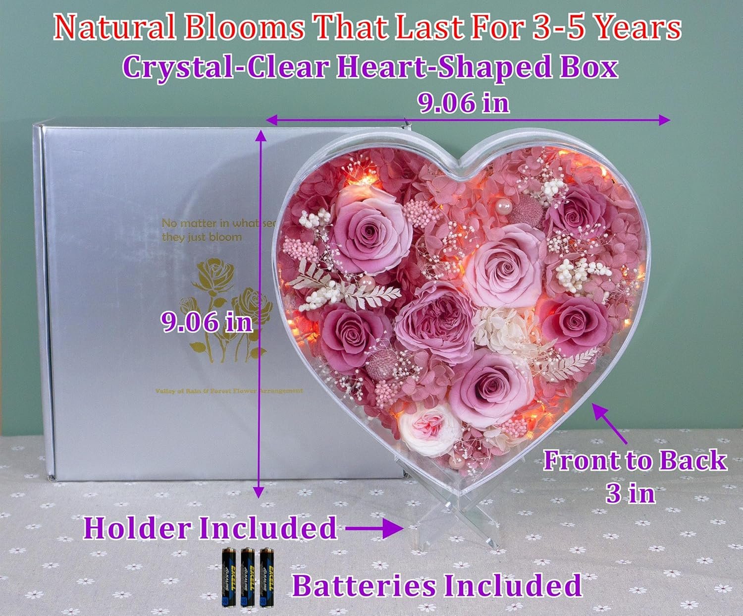 Valley of Rain & Forest Long-Lasting Real Flowers, "Sweet" Preserved Floral Gift With Lights For you to send Love for All Occasions, for Indoor Decoration (Pink & White Roses Arrangement) - Image 3