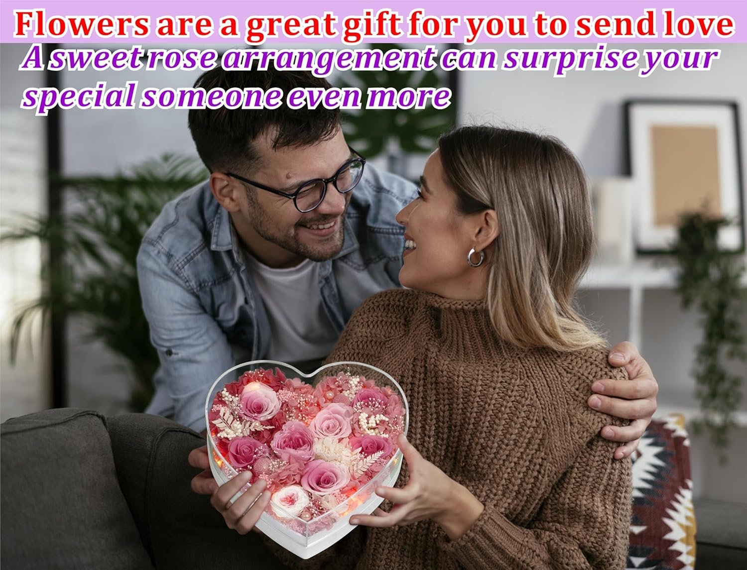 Valley of Rain & Forest Long-Lasting Real Flowers, "Sweet" Preserved Floral Gift With Lights For you to send Love for All Occasions, for Indoor Decoration (Pink & White Roses Arrangement) - Image 4
