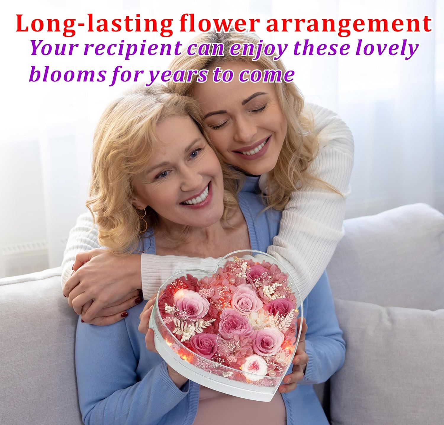 Valley of Rain & Forest Long-Lasting Real Flowers, "Sweet" Preserved Floral Gift With Lights For you to send Love for All Occasions, for Indoor Decoration (Pink & White Roses Arrangement) - Image 5