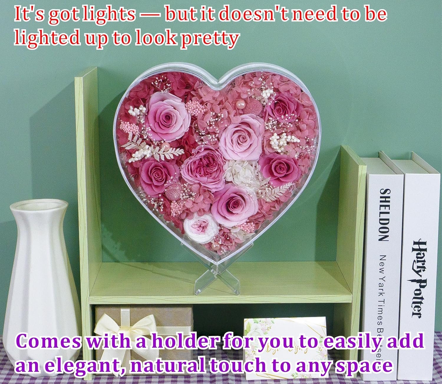 Valley of Rain & Forest Long-Lasting Real Flowers, "Sweet" Preserved Floral Gift With Lights For you to send Love for All Occasions, for Indoor Decoration (Pink & White Roses Arrangement) - Image 7