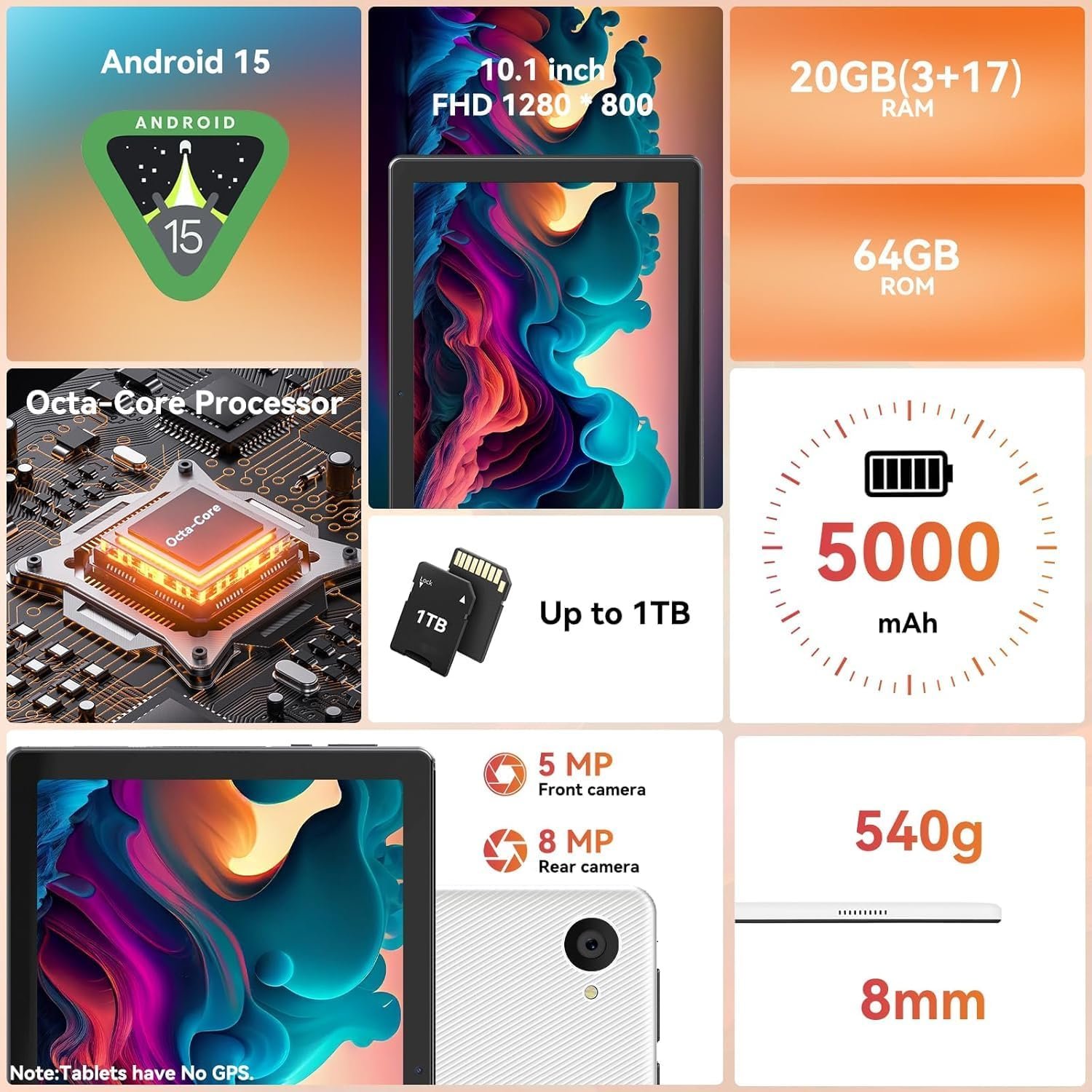 Tablet,10.1" Android 15 Tablet with Octa-core Processor 20GB RAM 64GB ROM HD IPS Touchscreen 8H Battery, Wi-Fi 6, BT 5.0, Type-C, Dual Camera, Android Tablets - Image 3