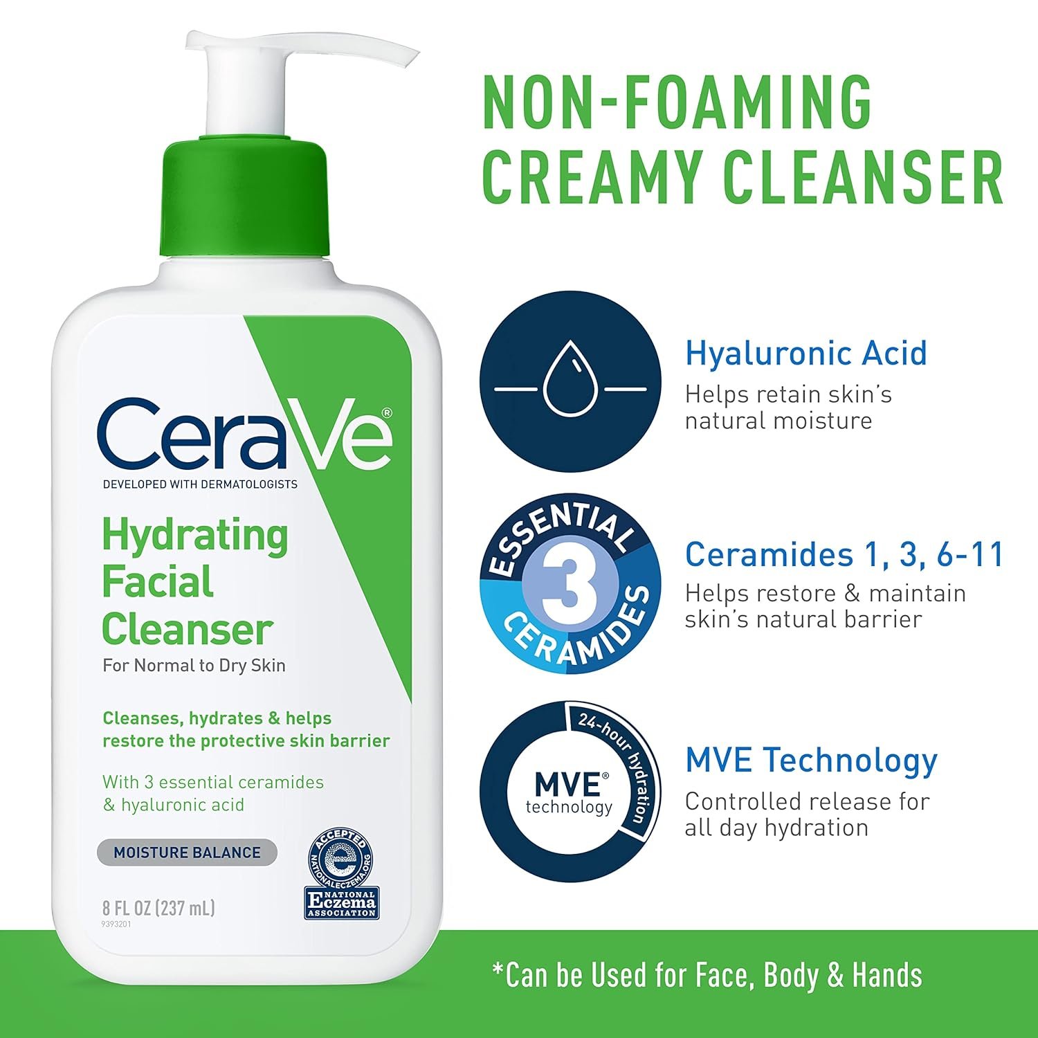 CeraVe Hydrating Skin Care Set, 8oz Moisturizing Cream & 8oz Hydrating Facial Cleanser, Ceramides + Hyaluronic Acid Moisturizer and Face Wash, Accepted by National Eczema Association - Image 4