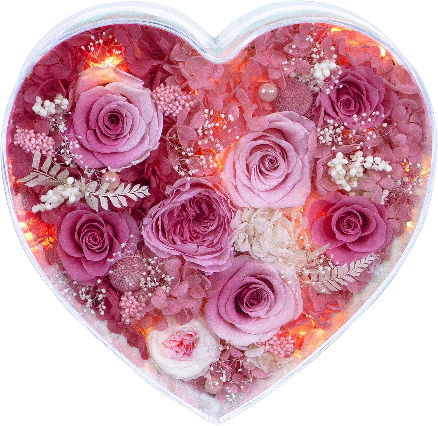 Valley of Rain & Forest Long-Lasting Real Flowers, "Sweet" Preserved Floral Gift With Lights For you to send Love for All Occasions, for Indoor Decoration (Pink & White Roses Arrangement) - Image 2