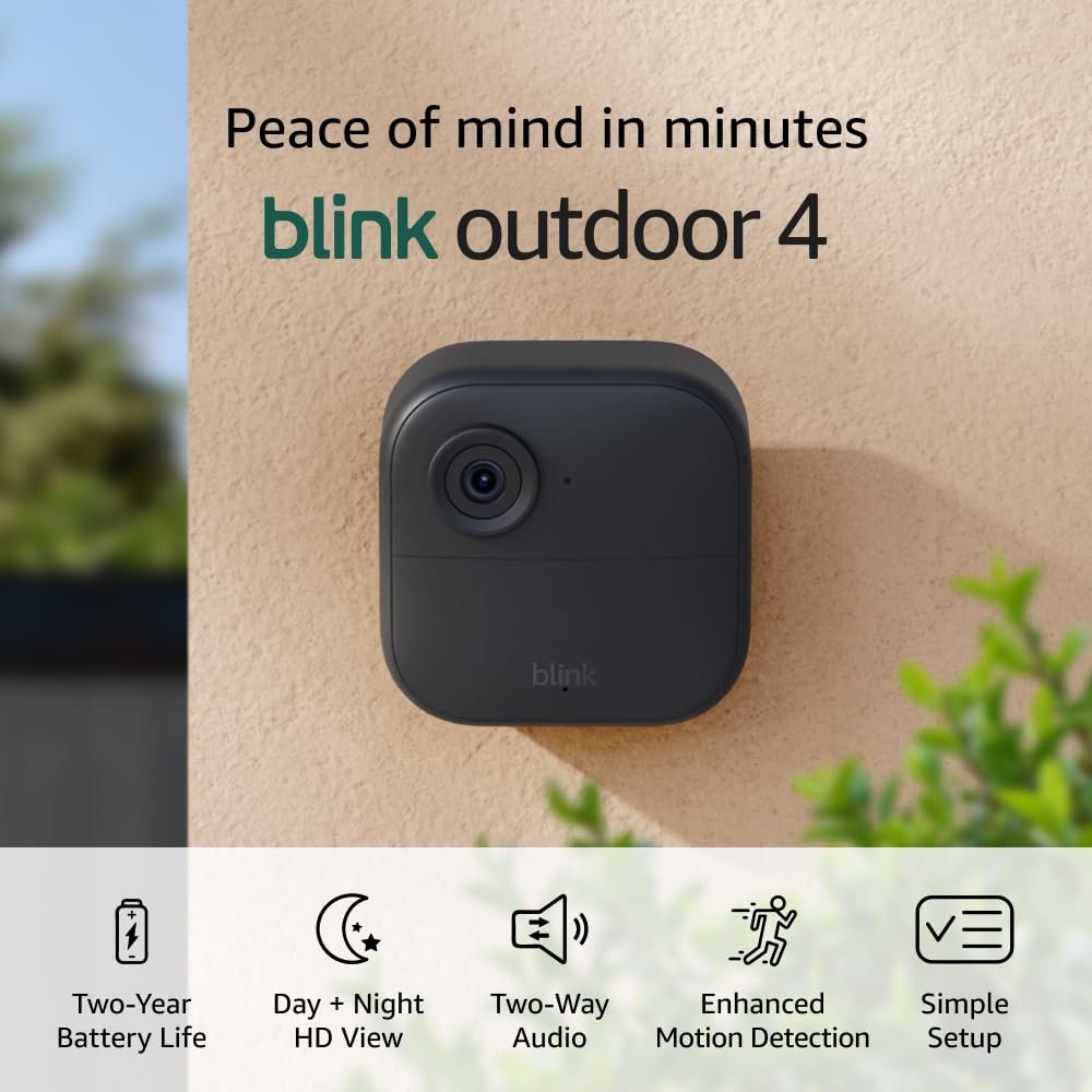 Blink Outdoor 4 – Wireless smart security camera, two-year battery life, 1080p HD day and infrared night live view, two-way talk. Sync Module Core included – 2 camera system Blink Outdoor 4 – Wireless smart security camera, two-year battery life, 1080p HD day and infrared night live view, two-way talk. Sync Module Core included – 2 camera system